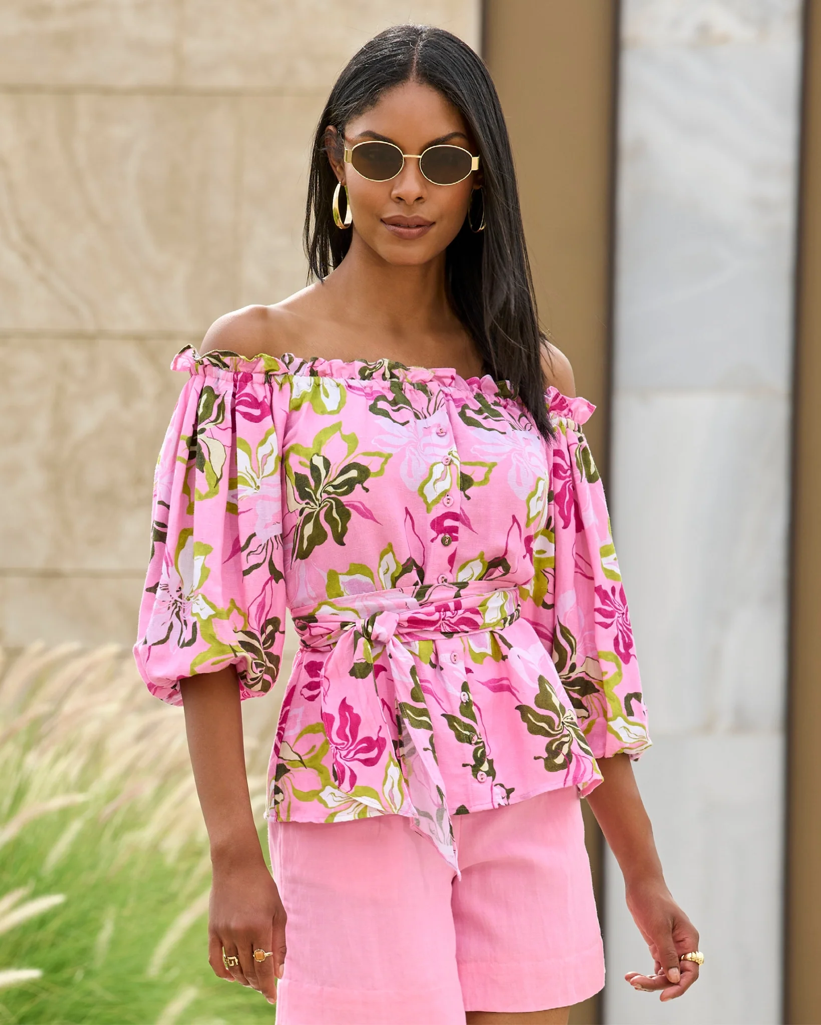 Print Linen Puff Sleeve Tie Waist Peplum Blouse Painted Poppies - Mycitystee