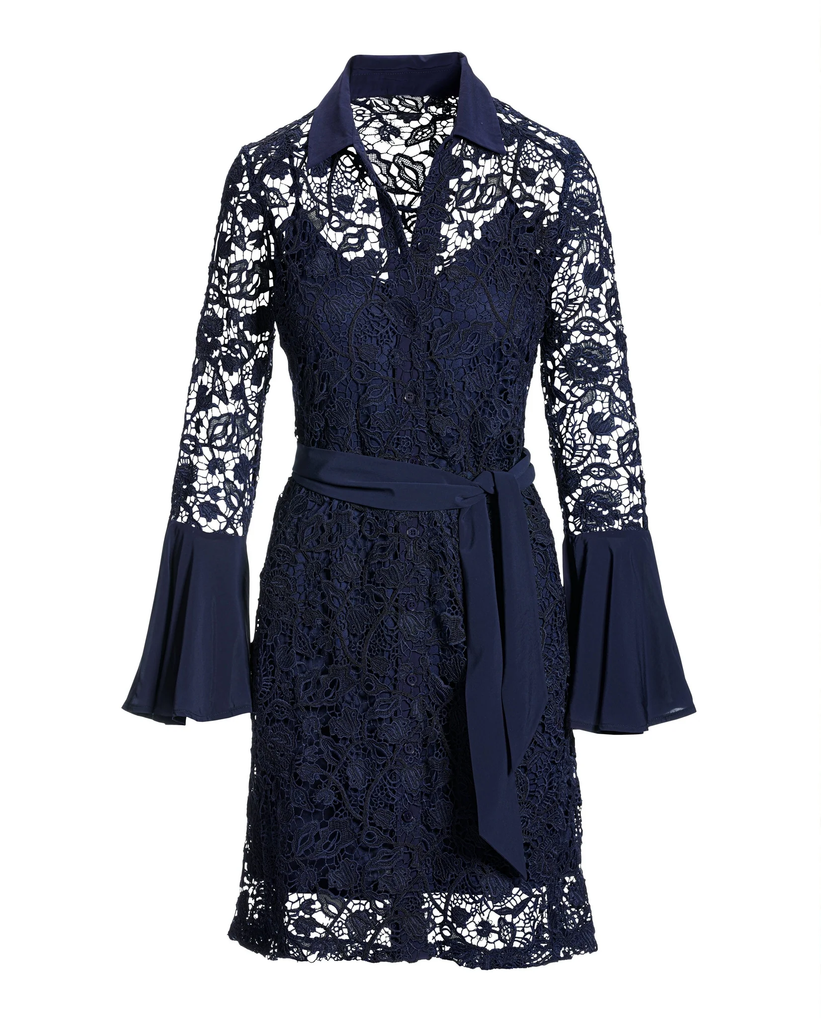 Mixed Media Lace Bell Sleeve Shirt Dress Navy - Mycitystee