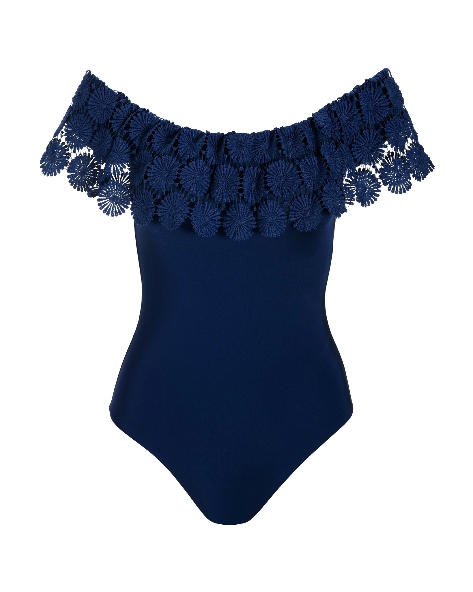 Bardot Crochet Off-The-Shoulder One-Piece Swimsuit Navy - Mycitystee