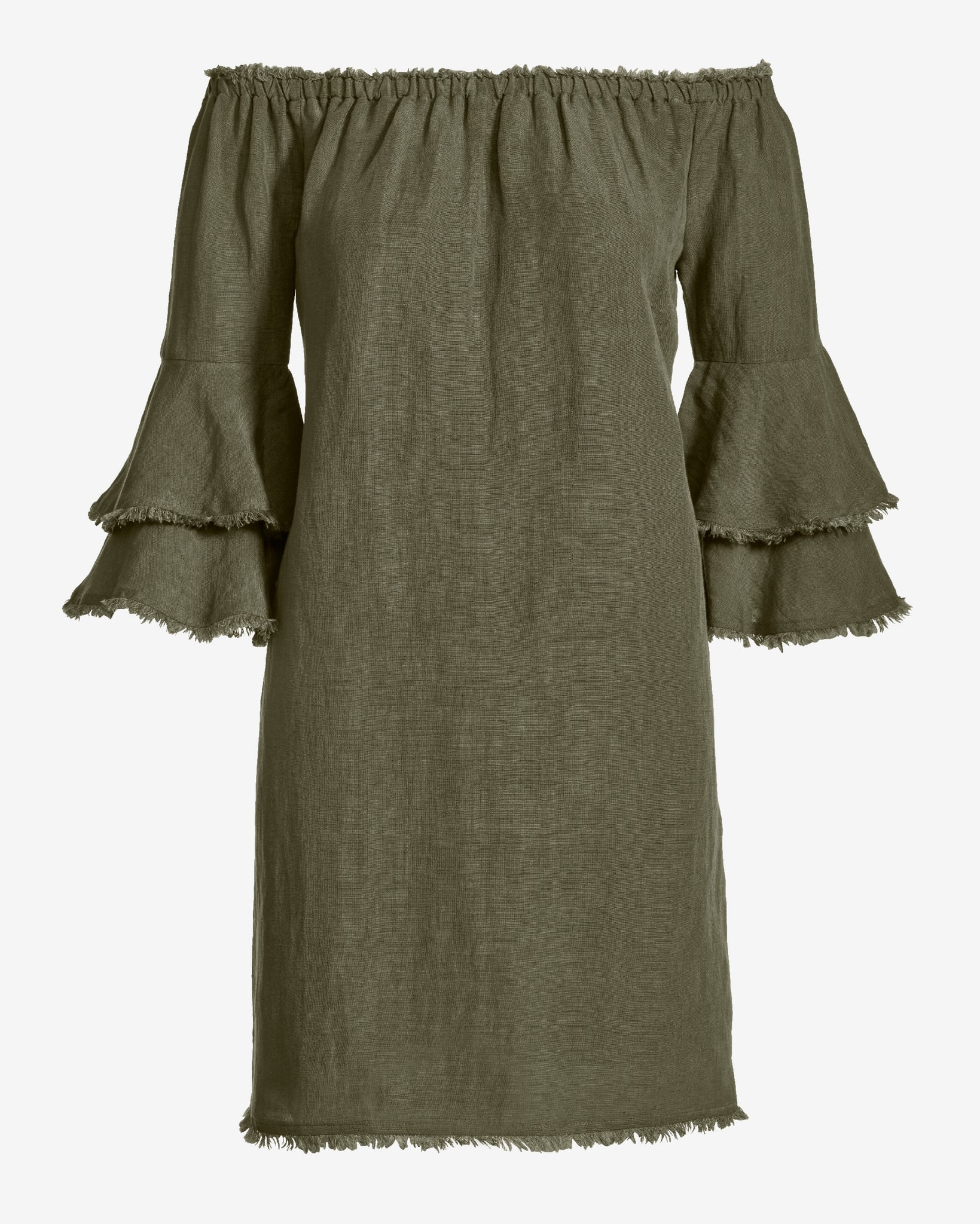 Linen Off The Shoulder Tiered Sleeve Shift Dress Olive Night - Mycitystee
