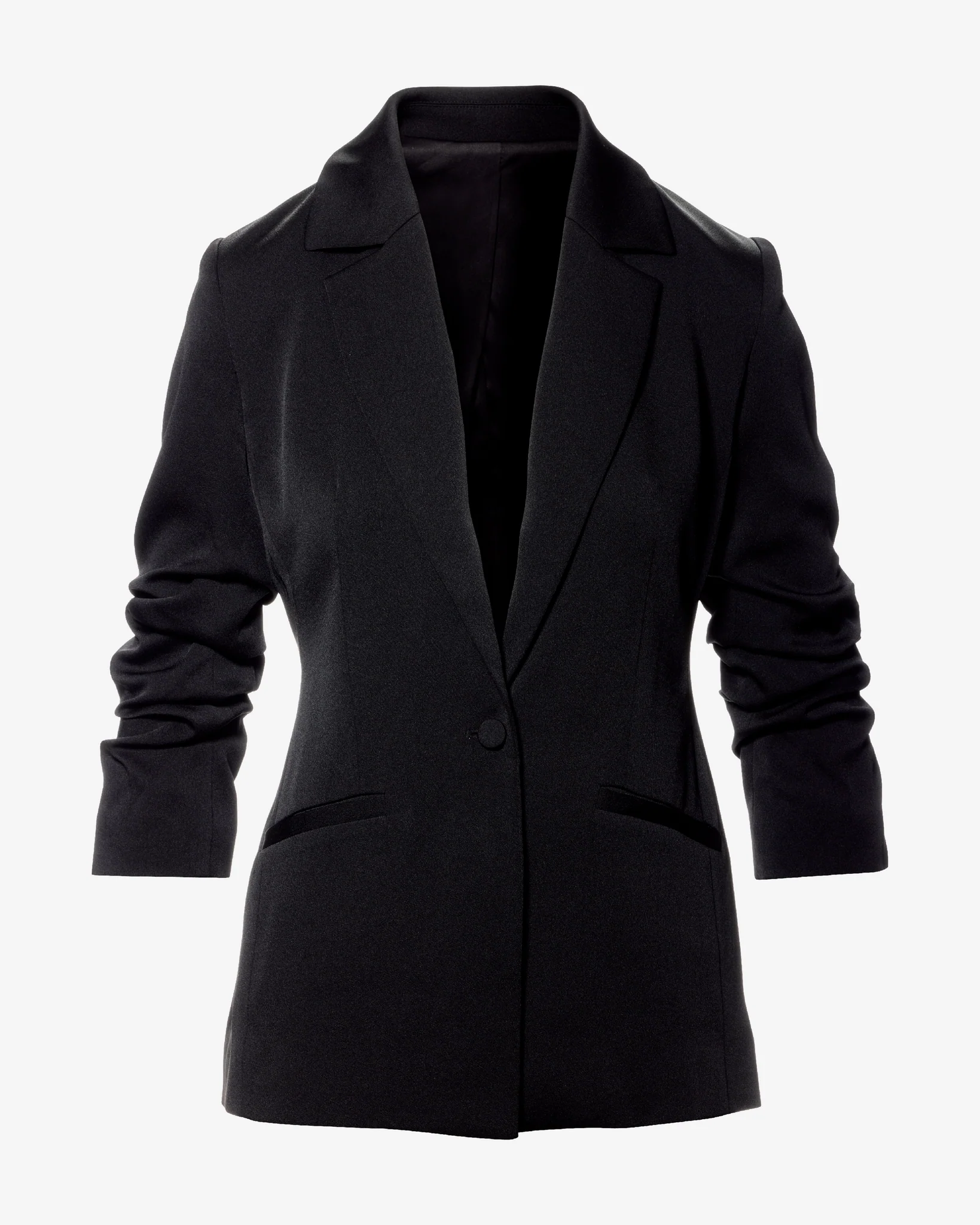 Ruched Sleeve Matte Satin Single Button Blazer Black - Mycitystee