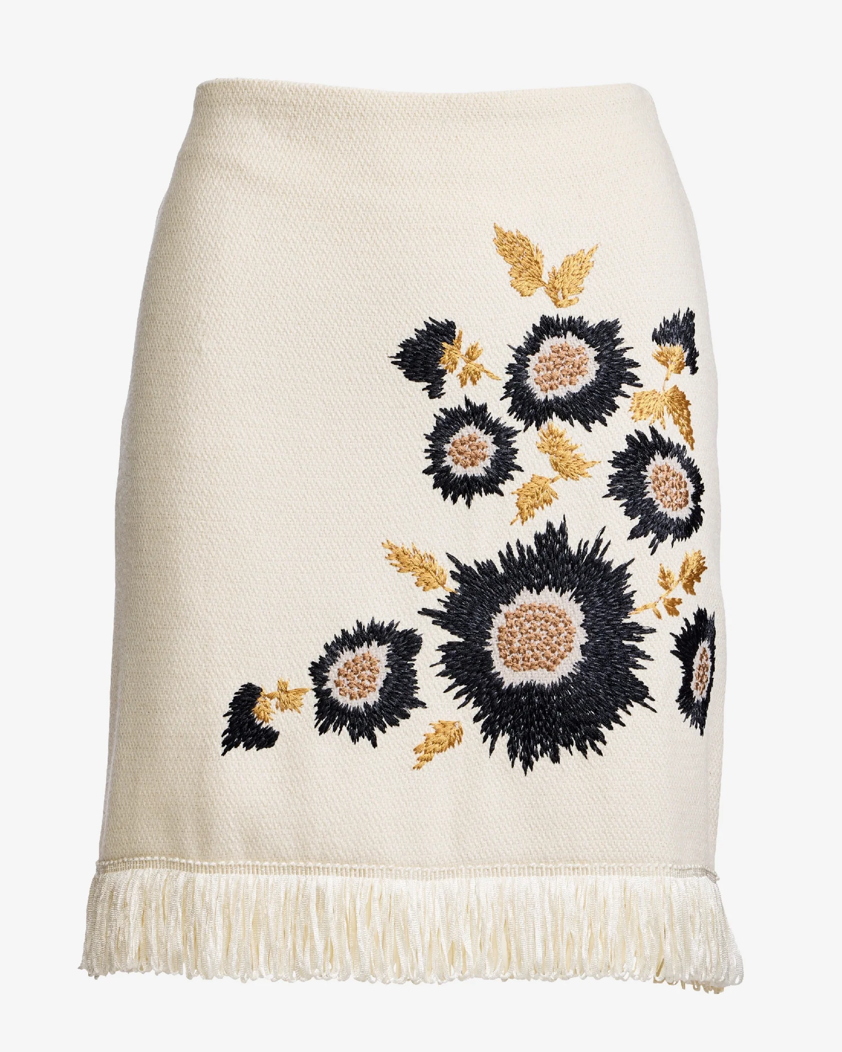 Floral Embroidered Raffia Fringe Mini Skirt Black/Ecru - Mycitystee