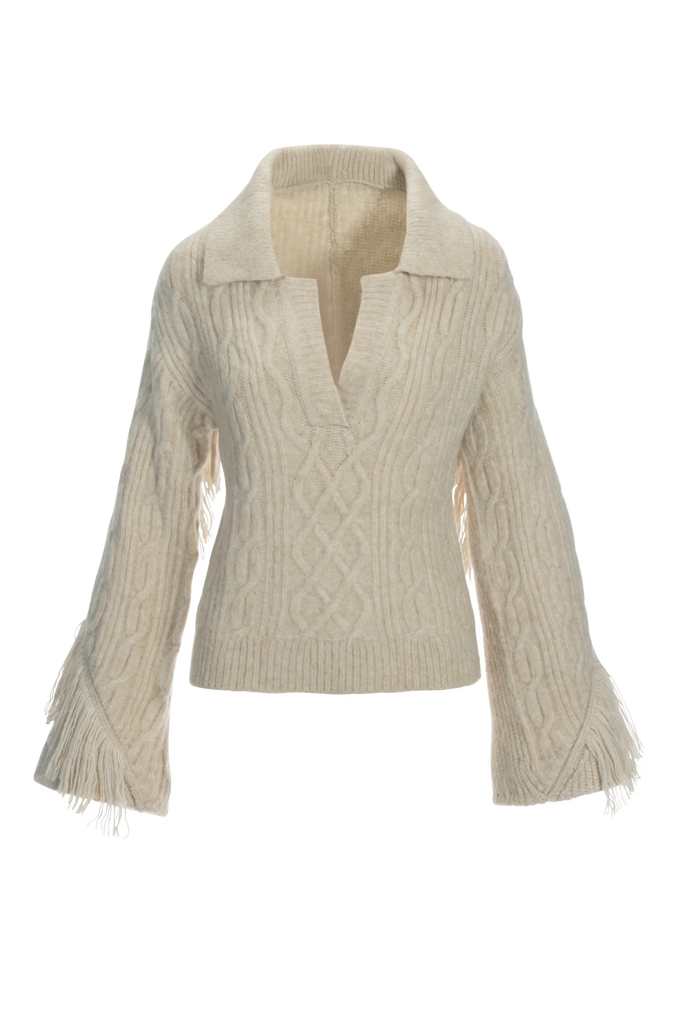 Cable Fringe Collar Sweater Heather Oatmeal - Mycitystee