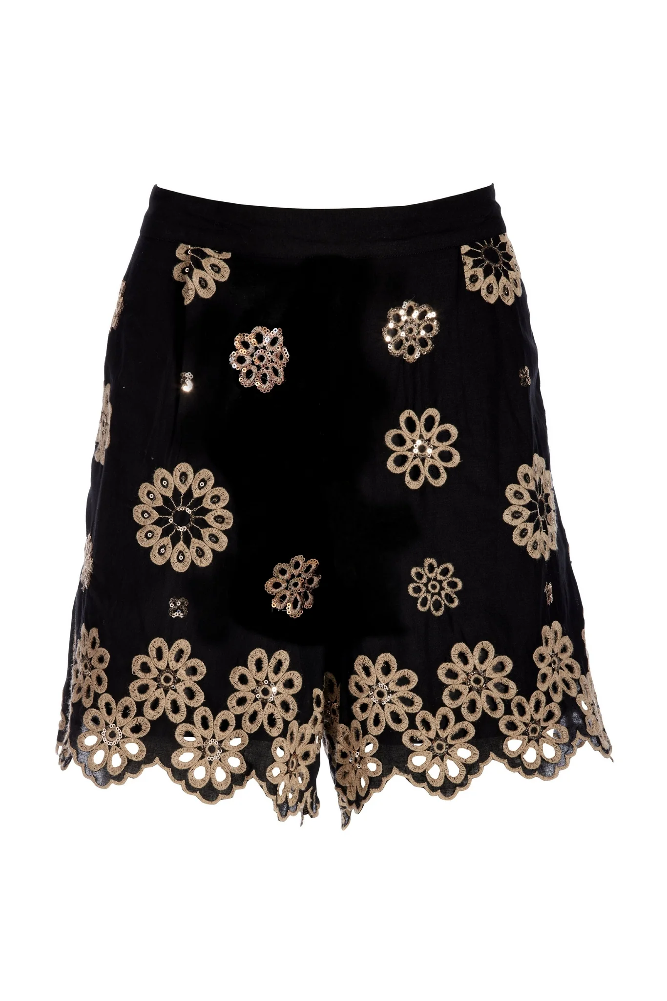 Embroidered Sequin Scallop Hem Short Black Multi - Mycitystee
