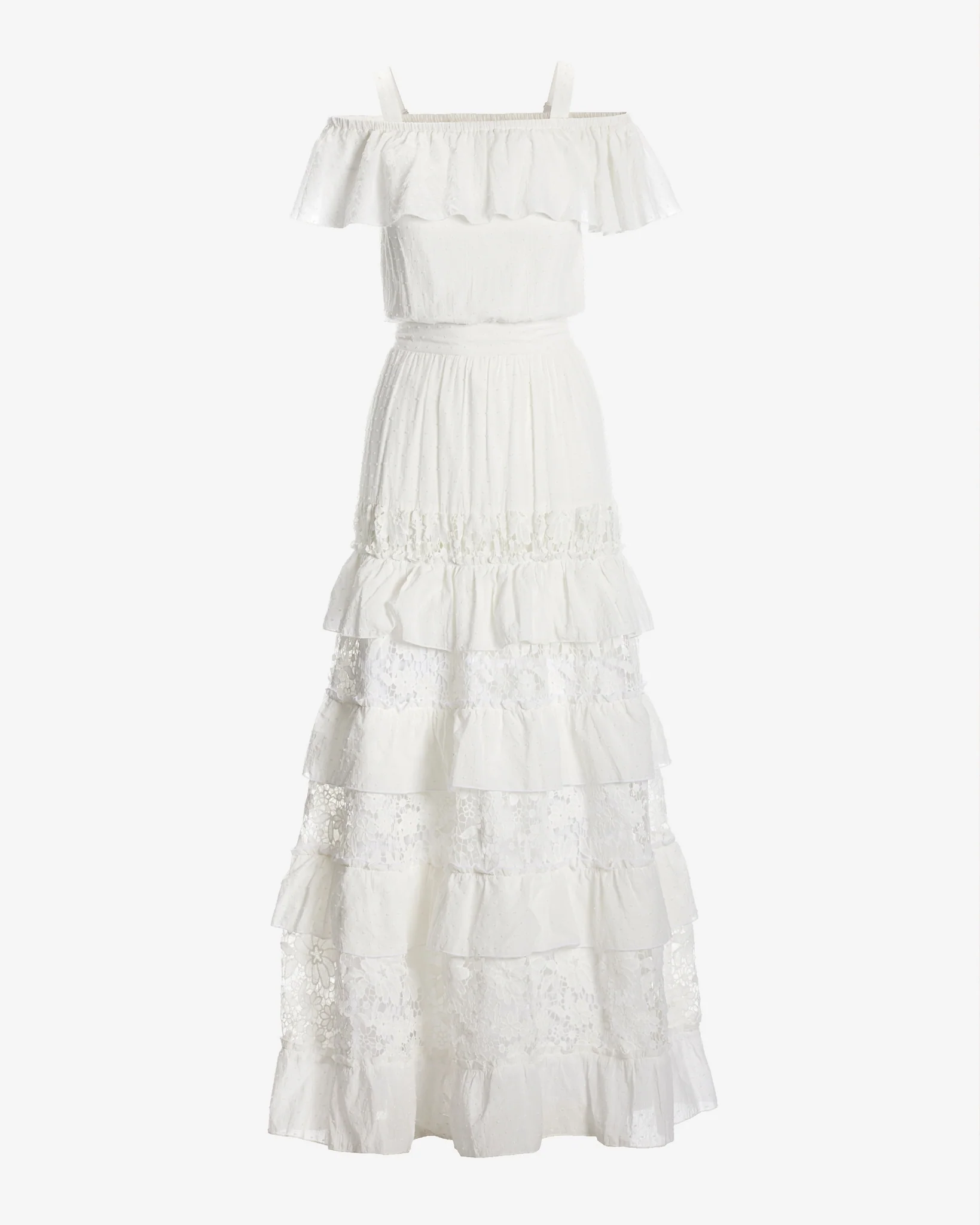 Off The Shoulder Lace Inset Blouson Maxi Dress White - Mycitystee