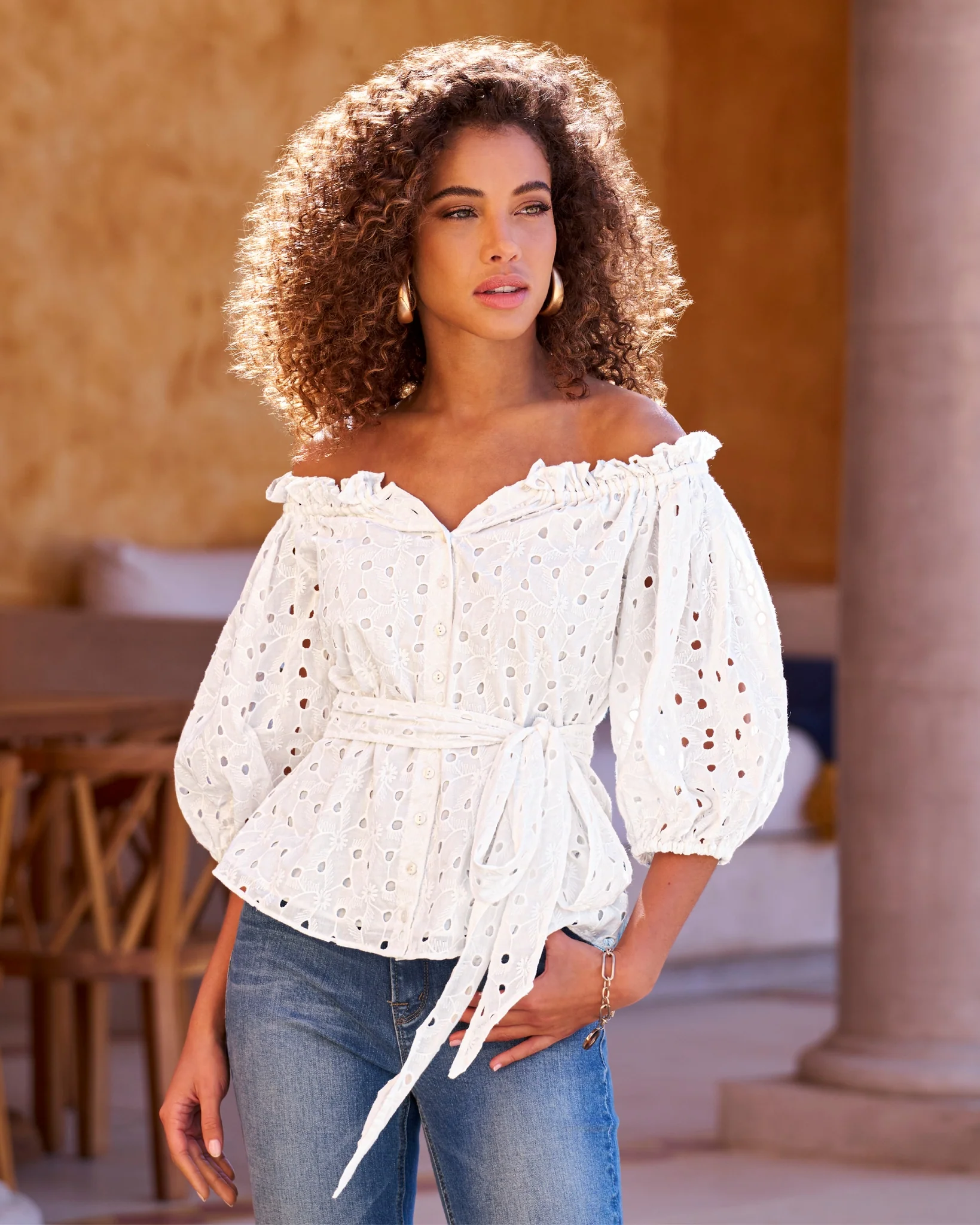 Eyelet Puff Sleeve Tie Waist Peplum Blouse White - Mycitystee