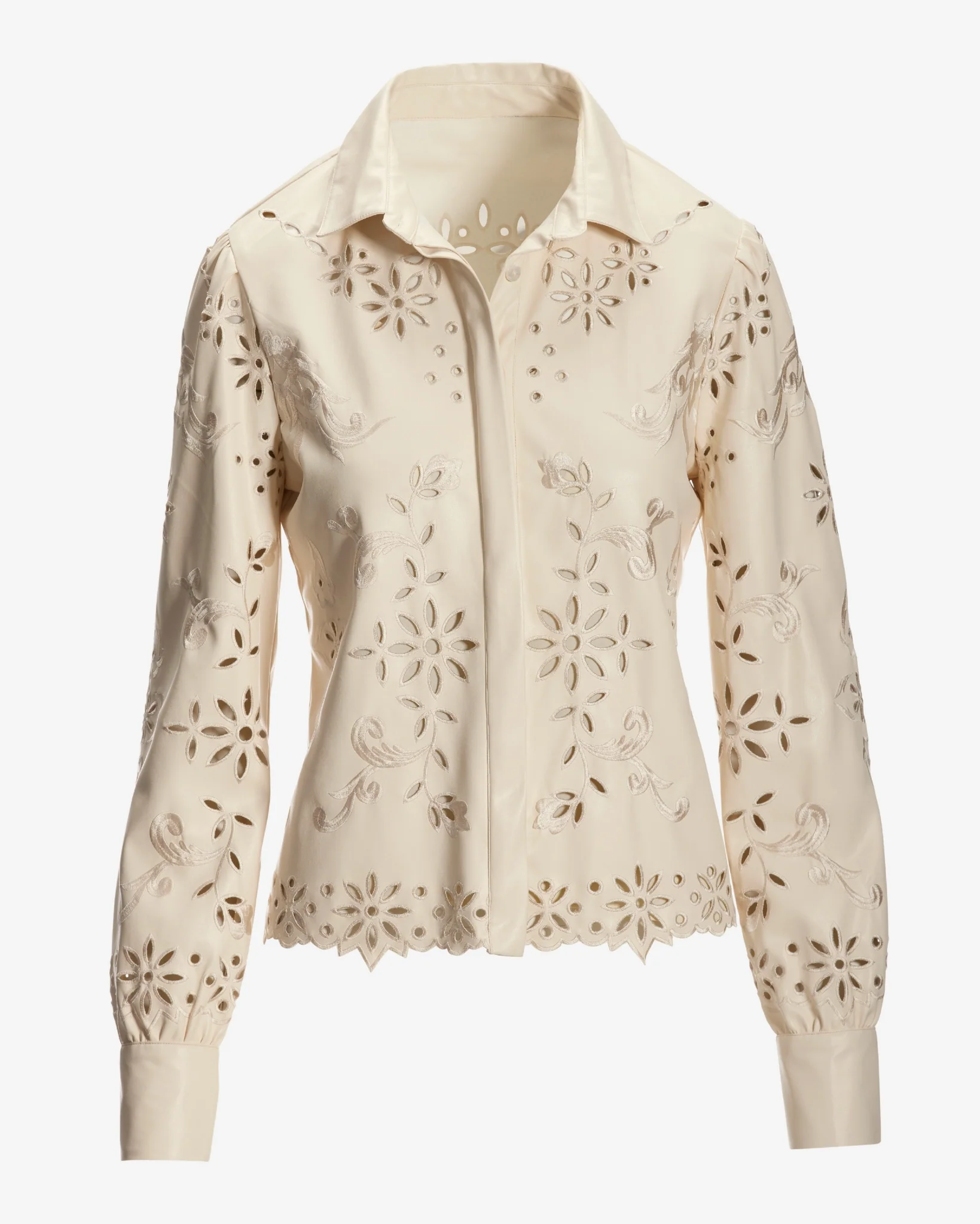 Faux Leather Laser Cut Button Up Shirt Ecru - Mycitystee