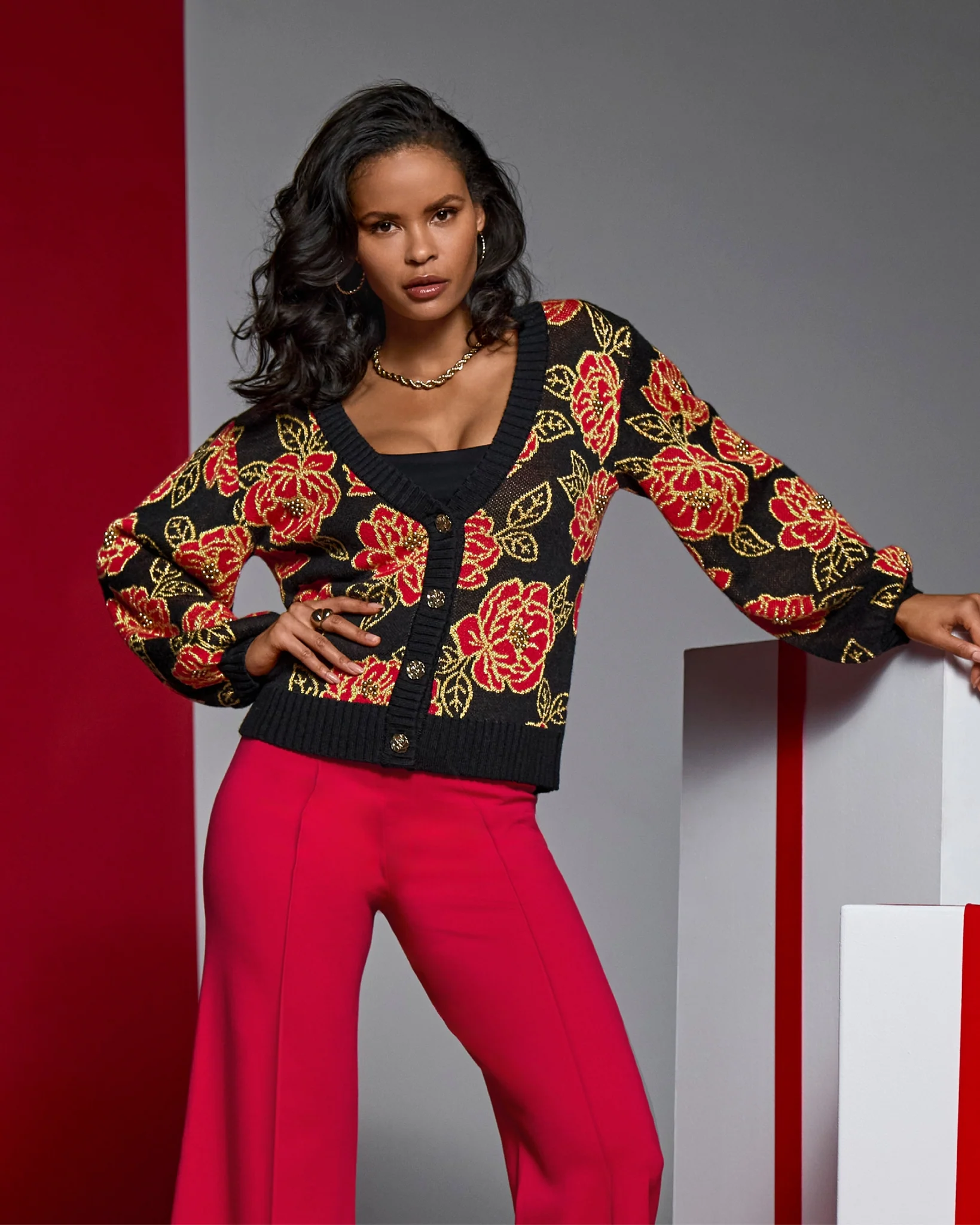 Floral Printed Button Up Cardigan Intarsia Rose - Mycitystee