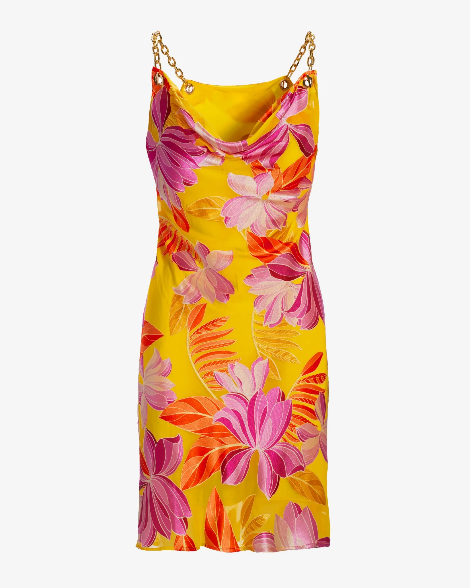 La Sirena Floral Burnout Chain Strap Cowl-Neck Shift Dress Yellow/Purple - Mycitystee