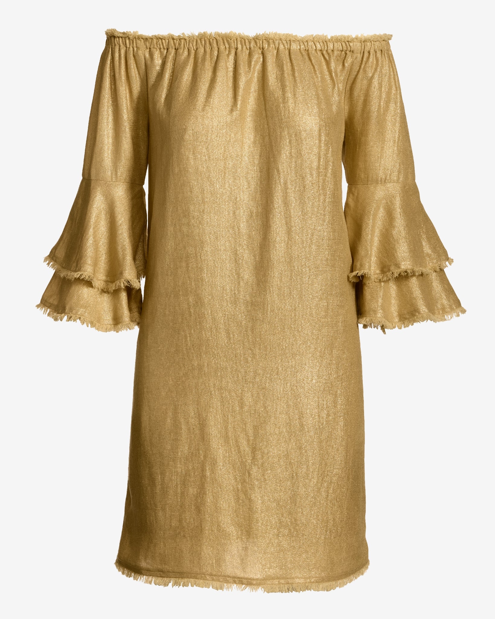 Linen Off The Shoulder Tiered Sleeve Shift Dress Gold - Mycitystee