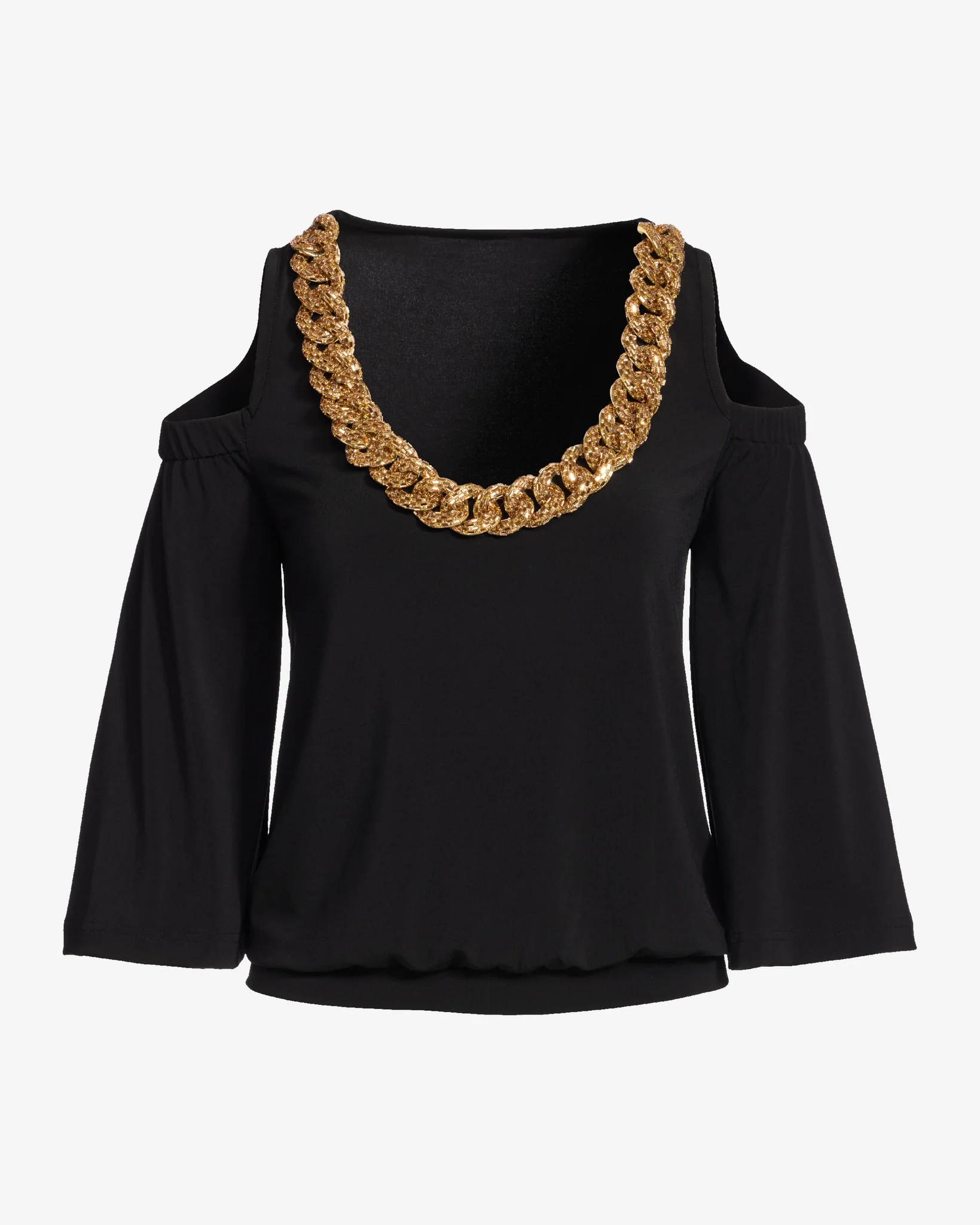 So Chic Cold Shoulder Heat Seal Chain Blouson Top Black - Mycitystee