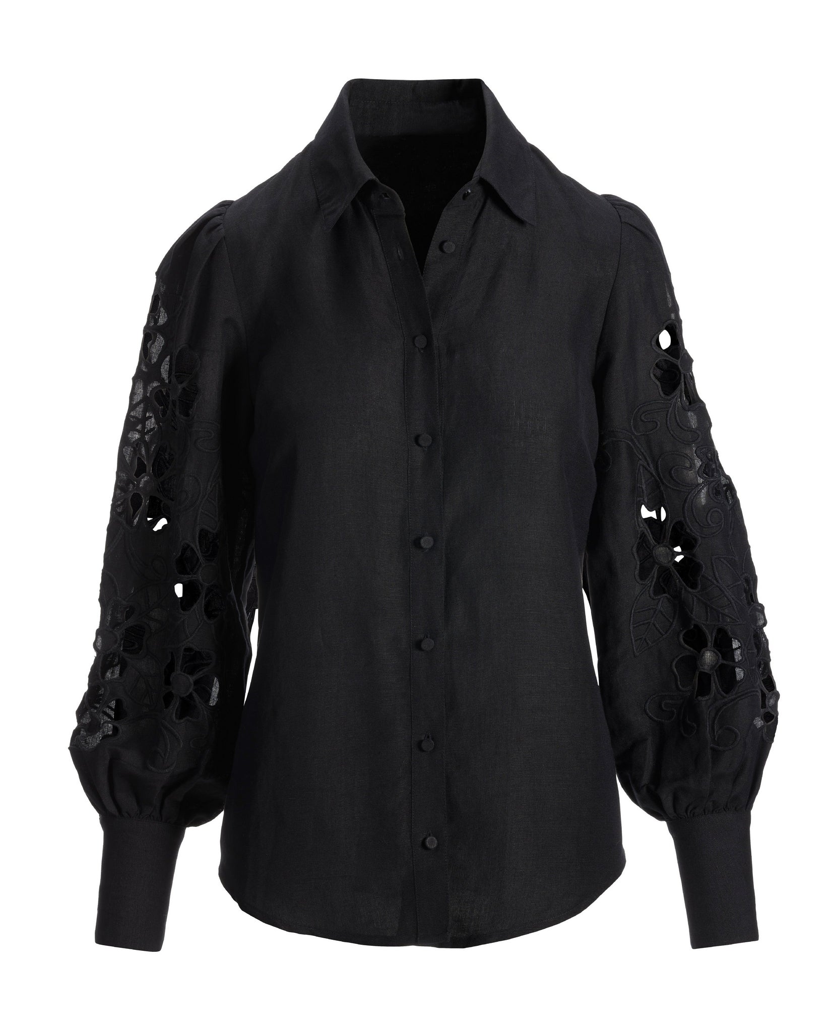 Openwork Embroidered Linen Button-Up Shirt Black - Mycitystee