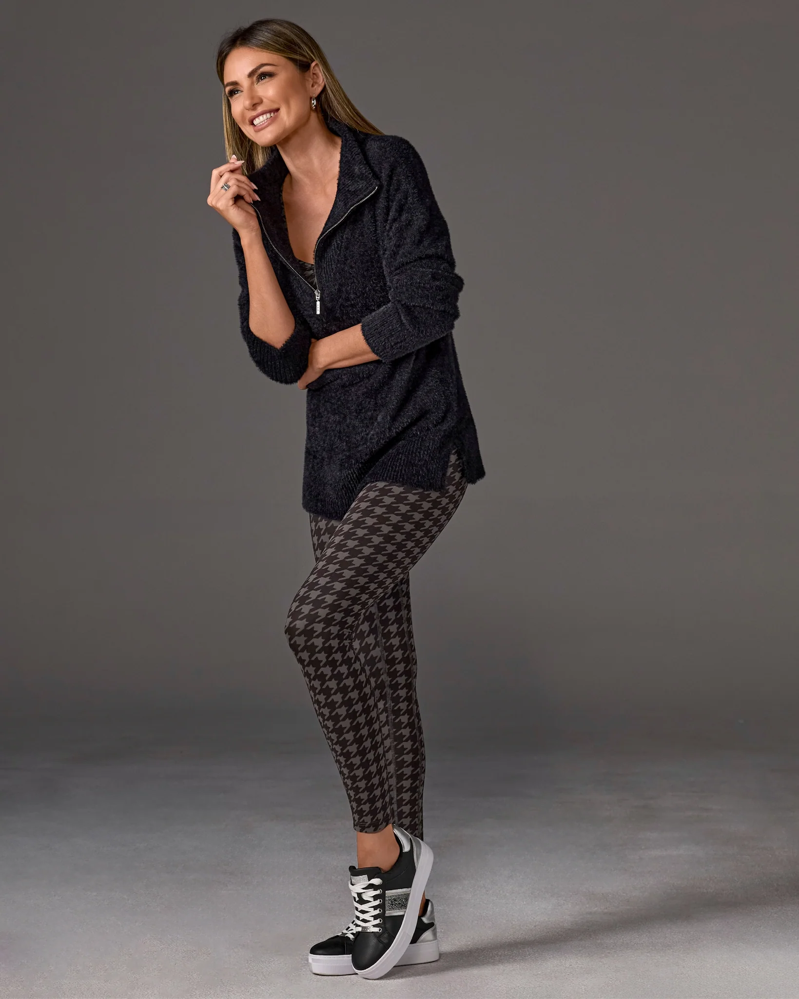 High Waisted Printed Sport Legging Graphite Houndstooth - Mycitystee