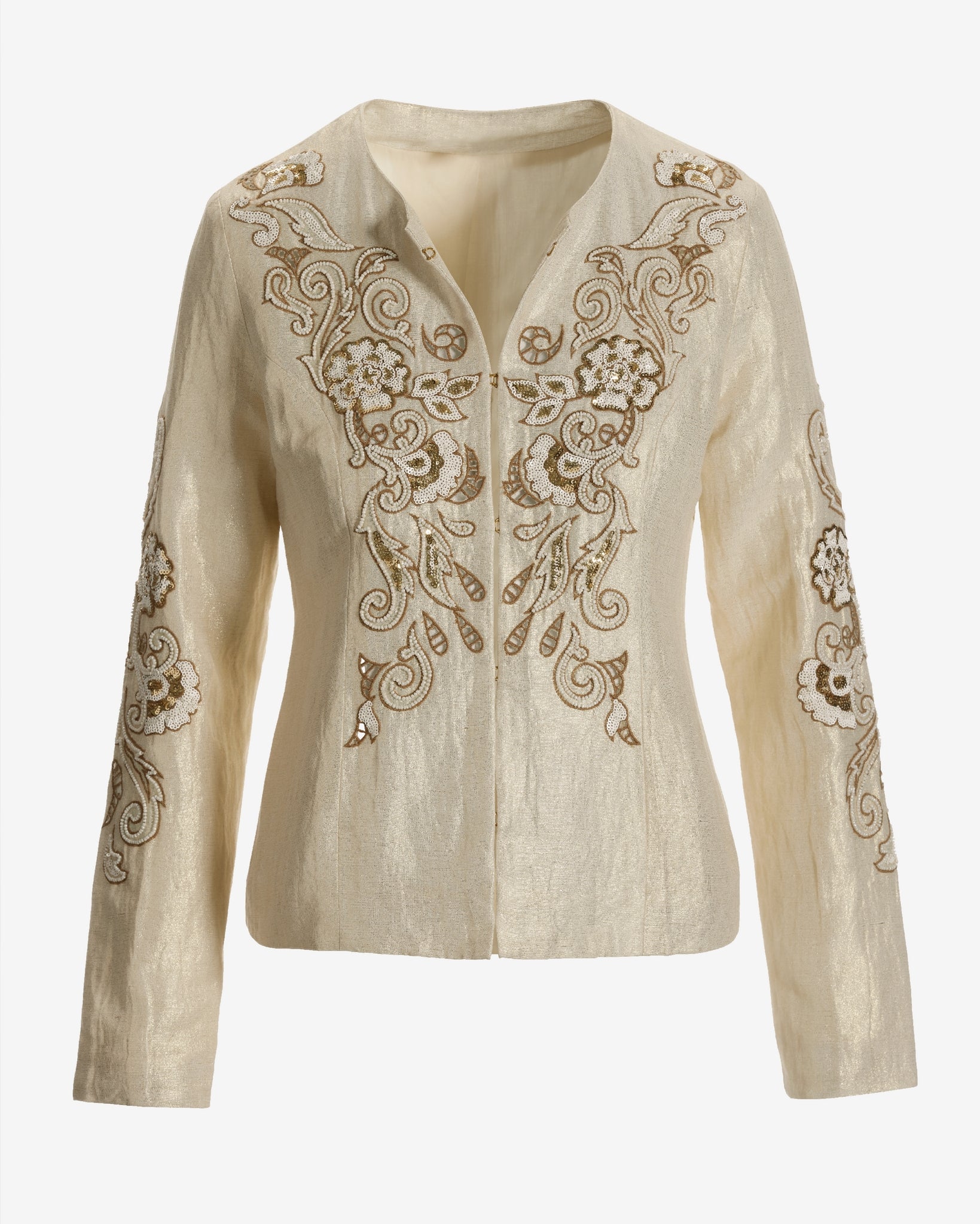 Embroidered and Beaded Shimmer Linen Jacket Tan - Mycitystee