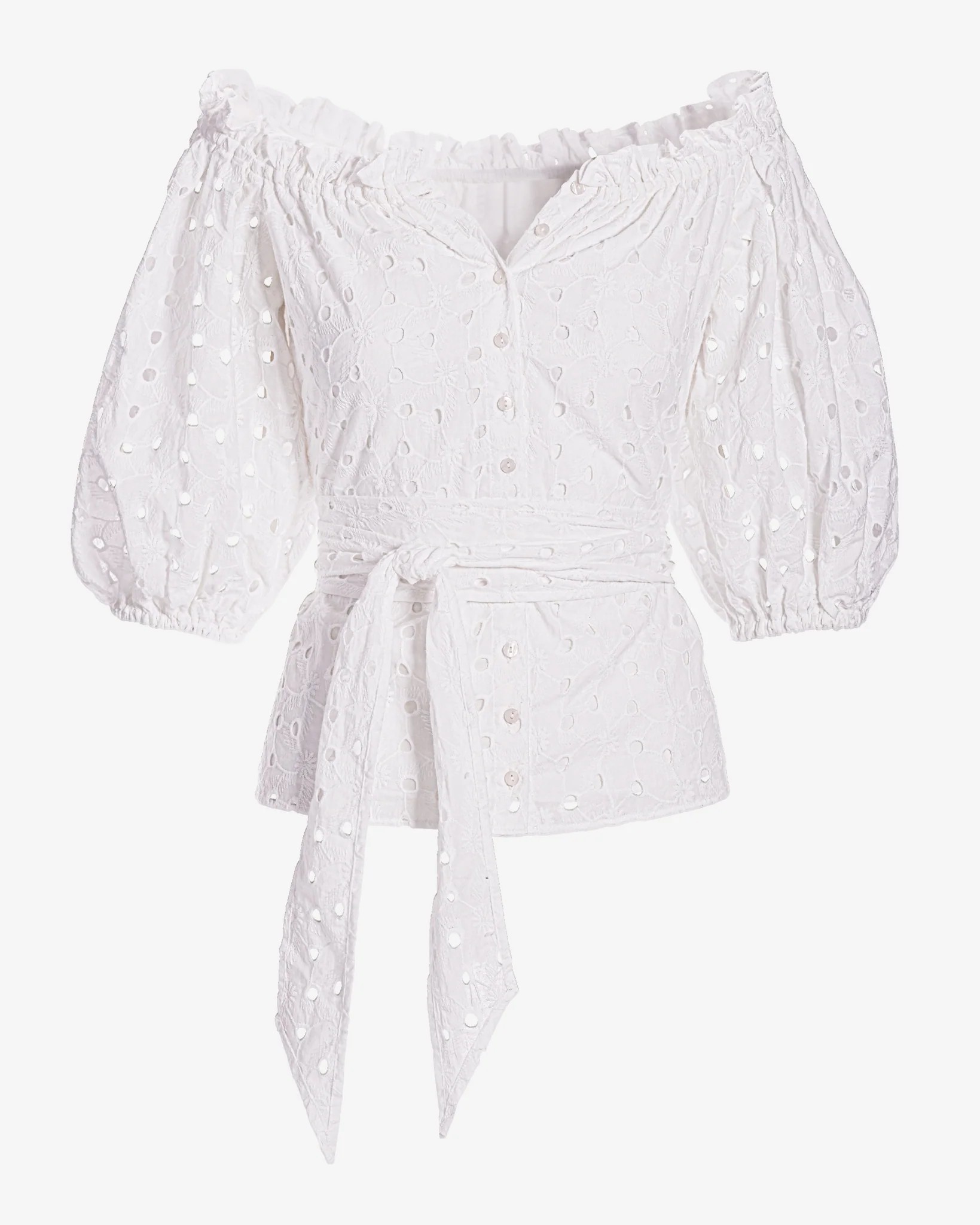 Eyelet Puff Sleeve Tie Waist Peplum Blouse White - Mycitystee