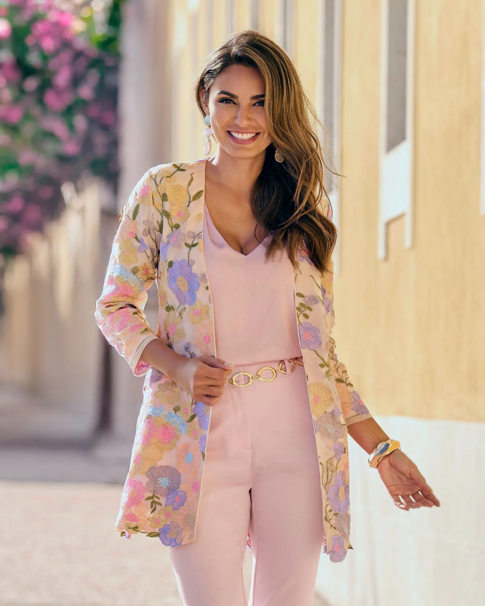Pastel Embroidered Mesh Three Quarter Sleeve Hip Length Duster Pink Multi - Mycitystee