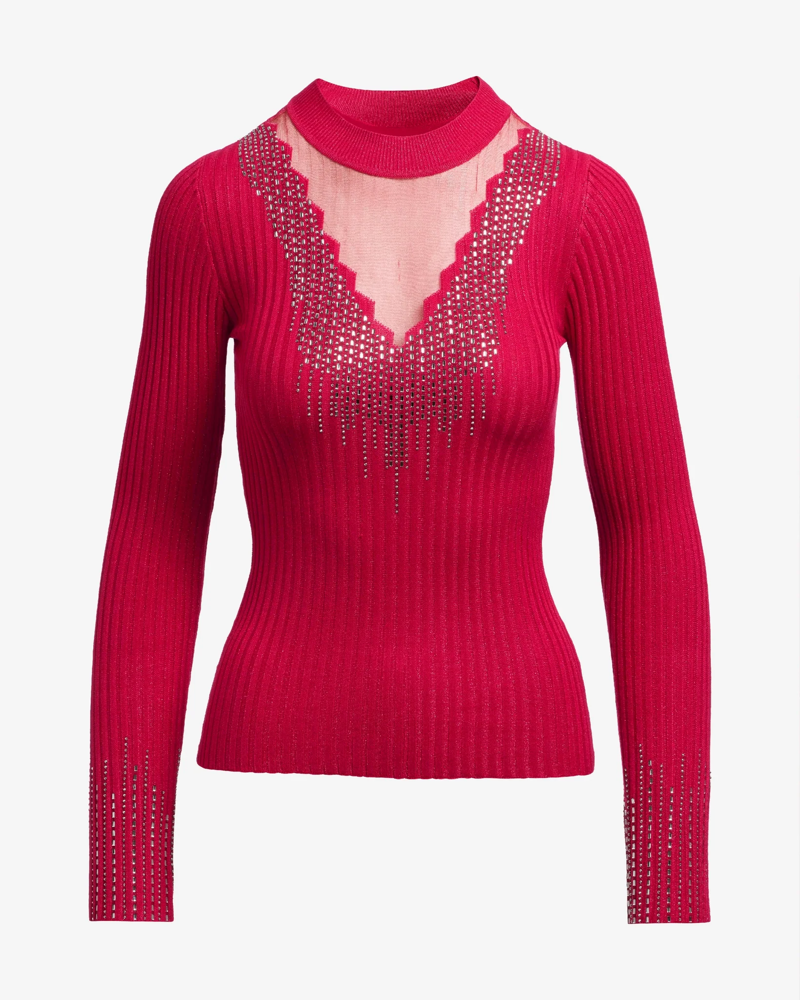 Rhinestone Embellished Mesh Illusion Sweater Lipstick Red - Mycitystee