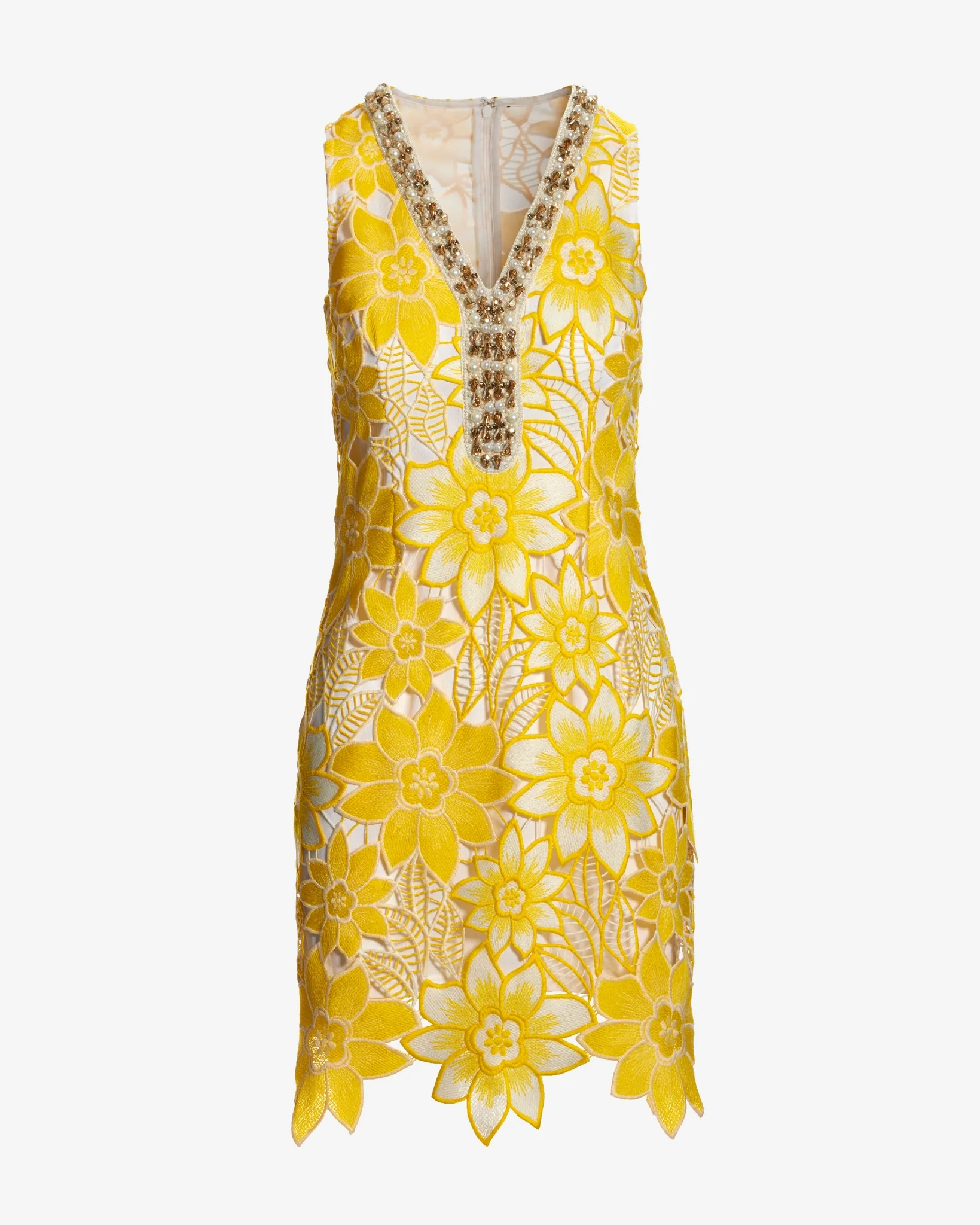 Embellished Neckline Two Tone Lace Shift Dress Yellow Multi - Mycitystee