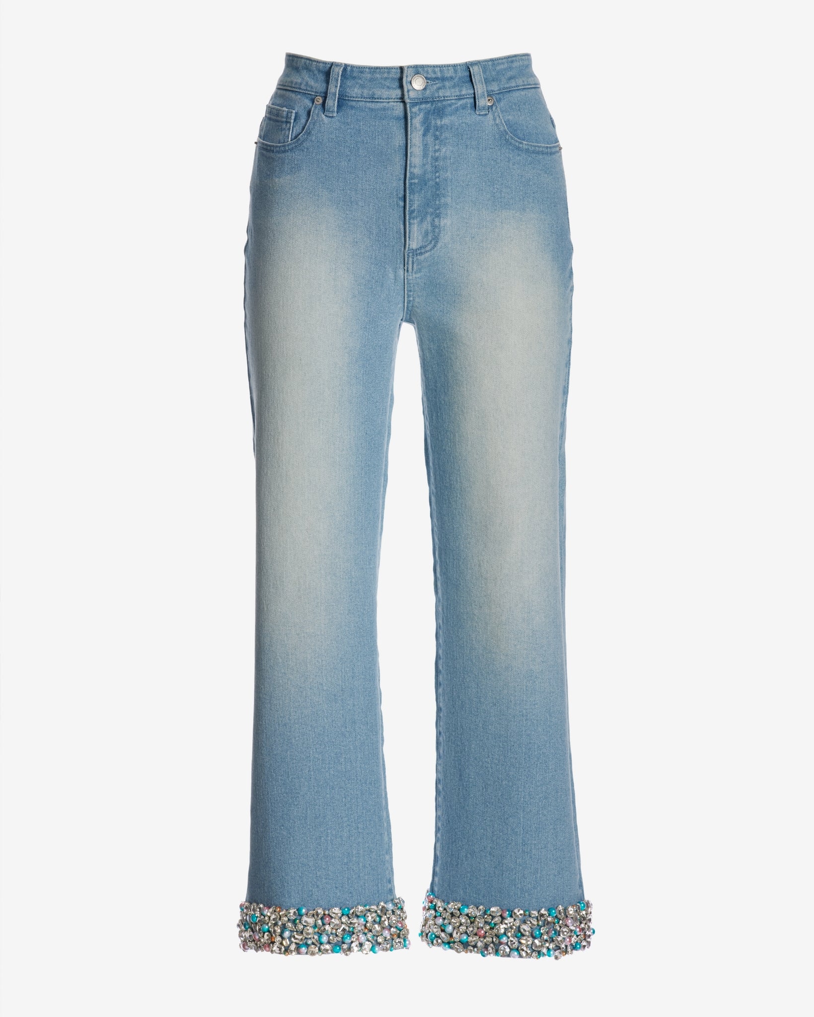 Malibu La Sirena Crystal and Pearl Cropped Palazzo Jean Light Wash Denim - Mycitystee