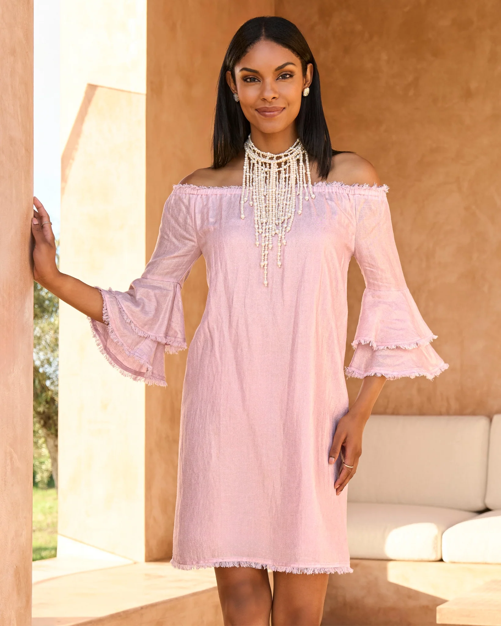 Linen Off The Shoulder Tiered Sleeve Shift Dress Roseate - Mycitystee