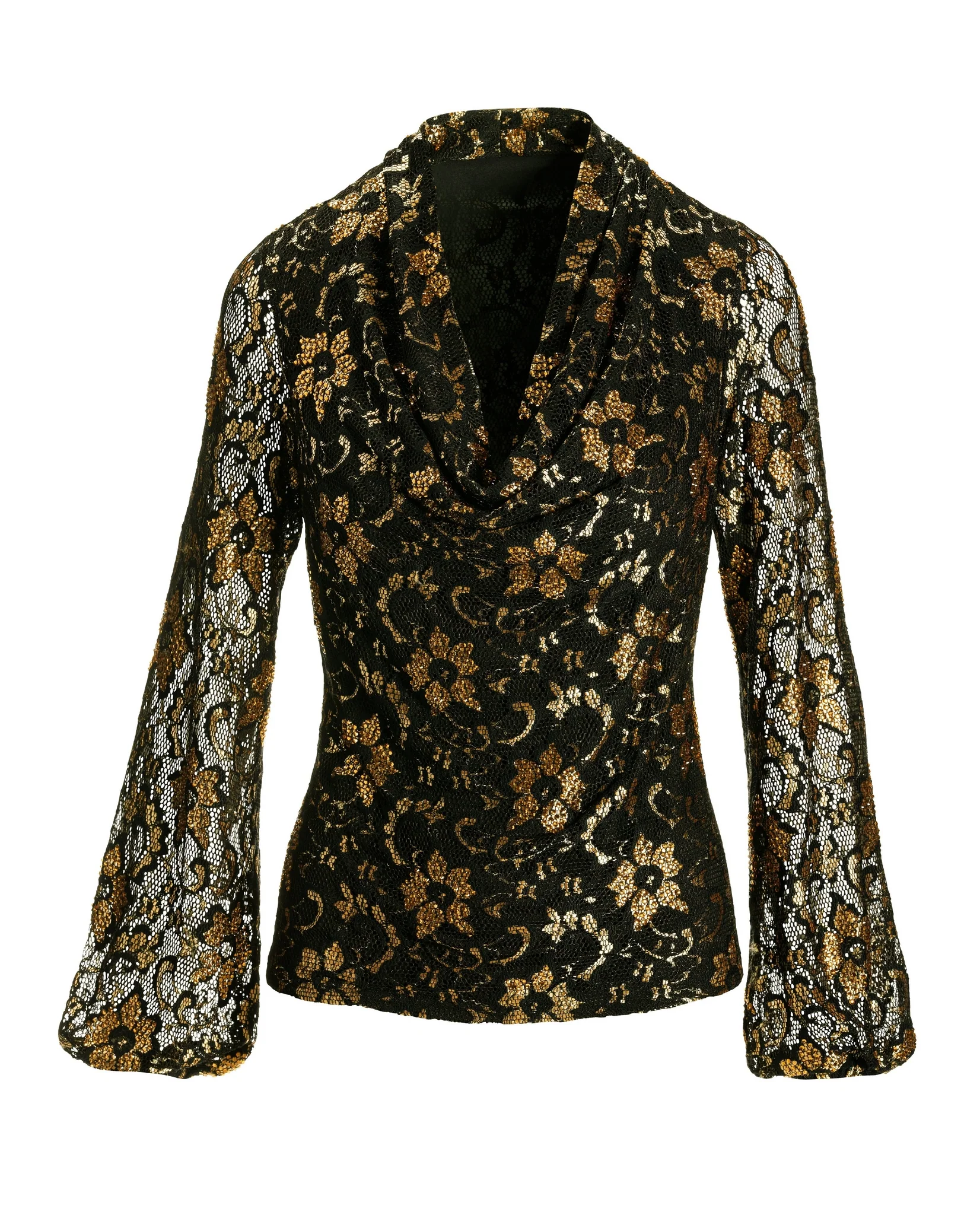 Embellished Cowl Neck Lace Top Black/Gold - Mycitystee