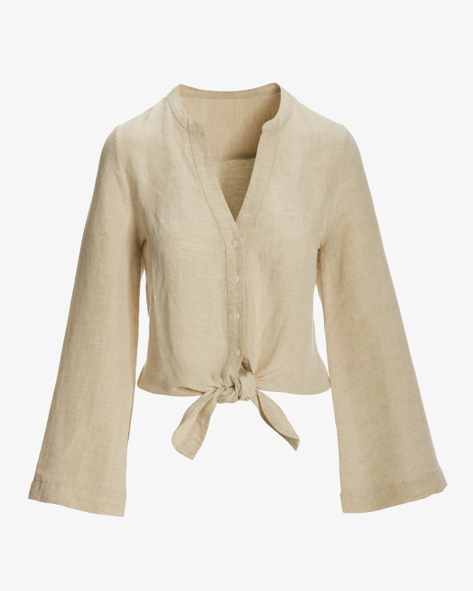 Linen Flare Sleeve Tie Front Shirt Flax - Mycitystee