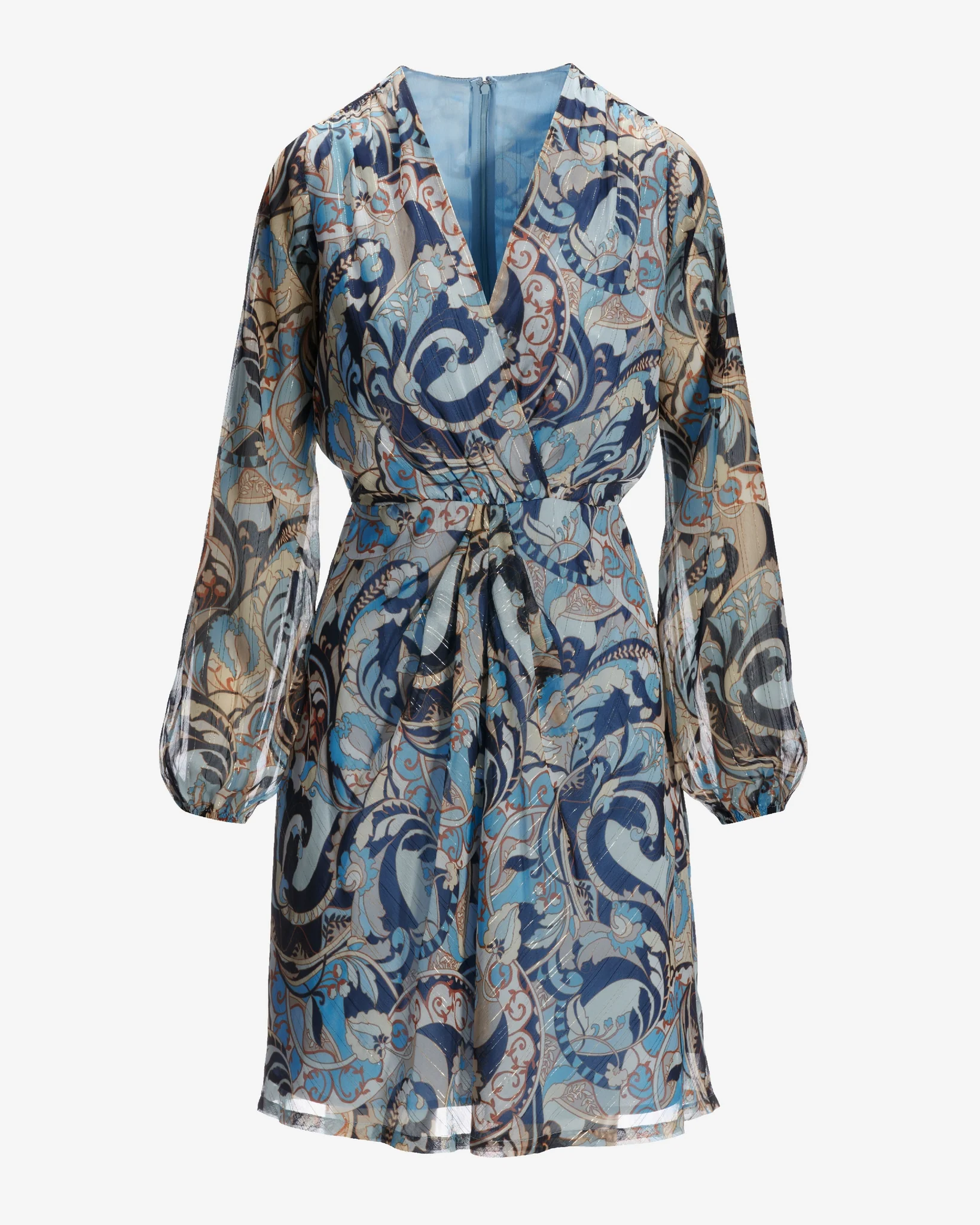 Autumn Paisley V Neck Twist Detail A Line Dress Blue/Neutral - Mycitystee