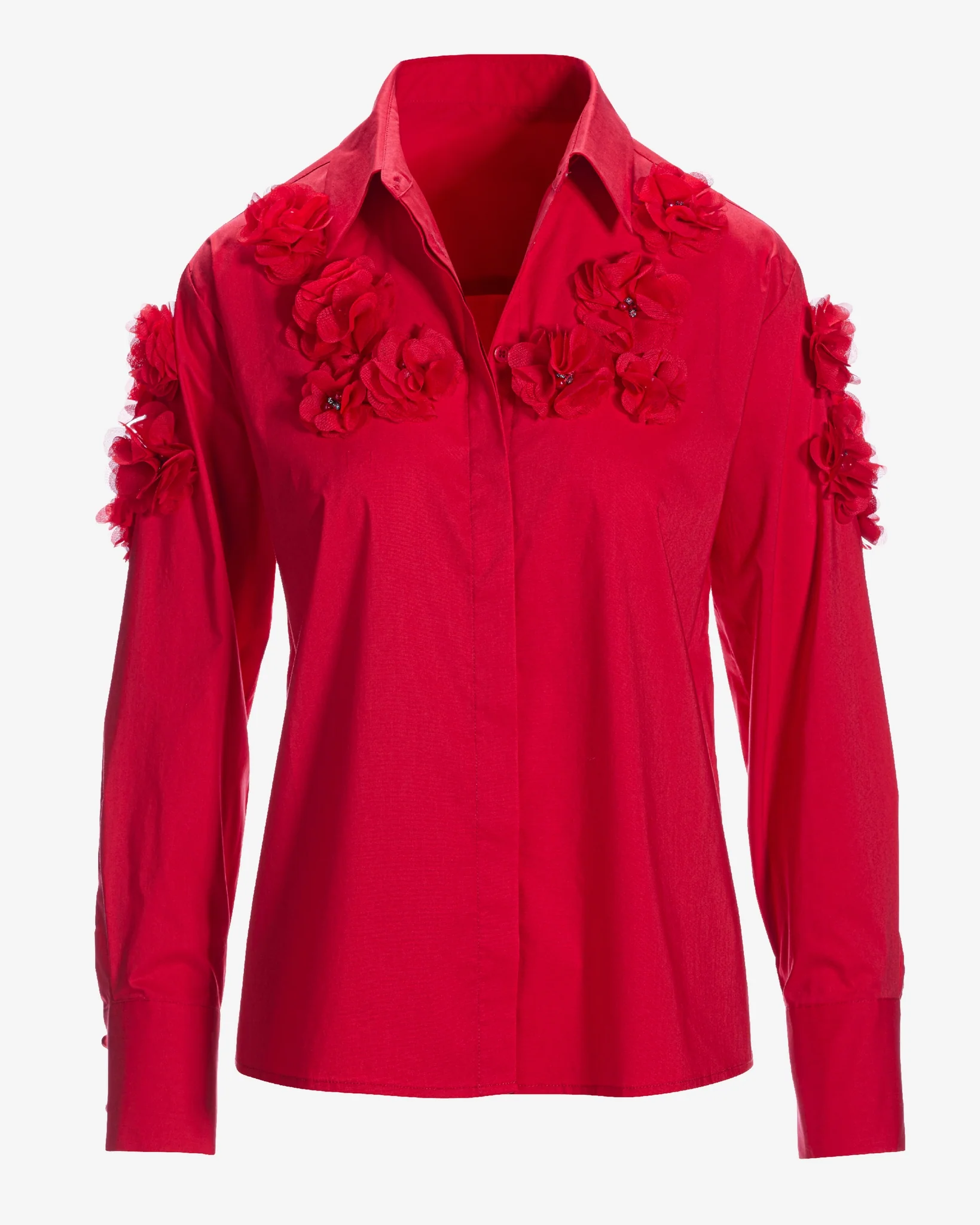 Poplin and Pearl Button Up Shirt Tomato Red - Mycitystee