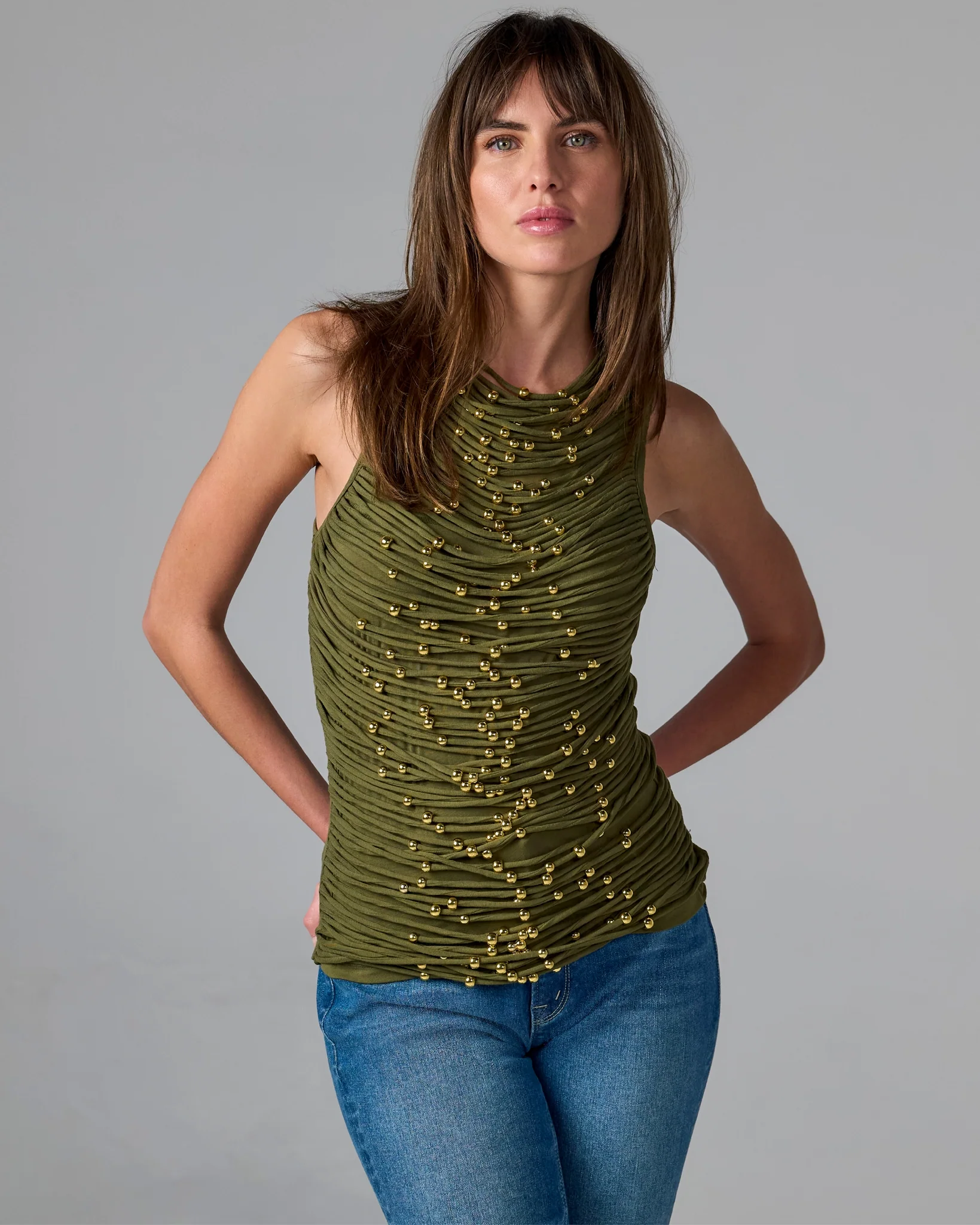 High Neck Beaded Mesh Top Olive Night - Mycitystee