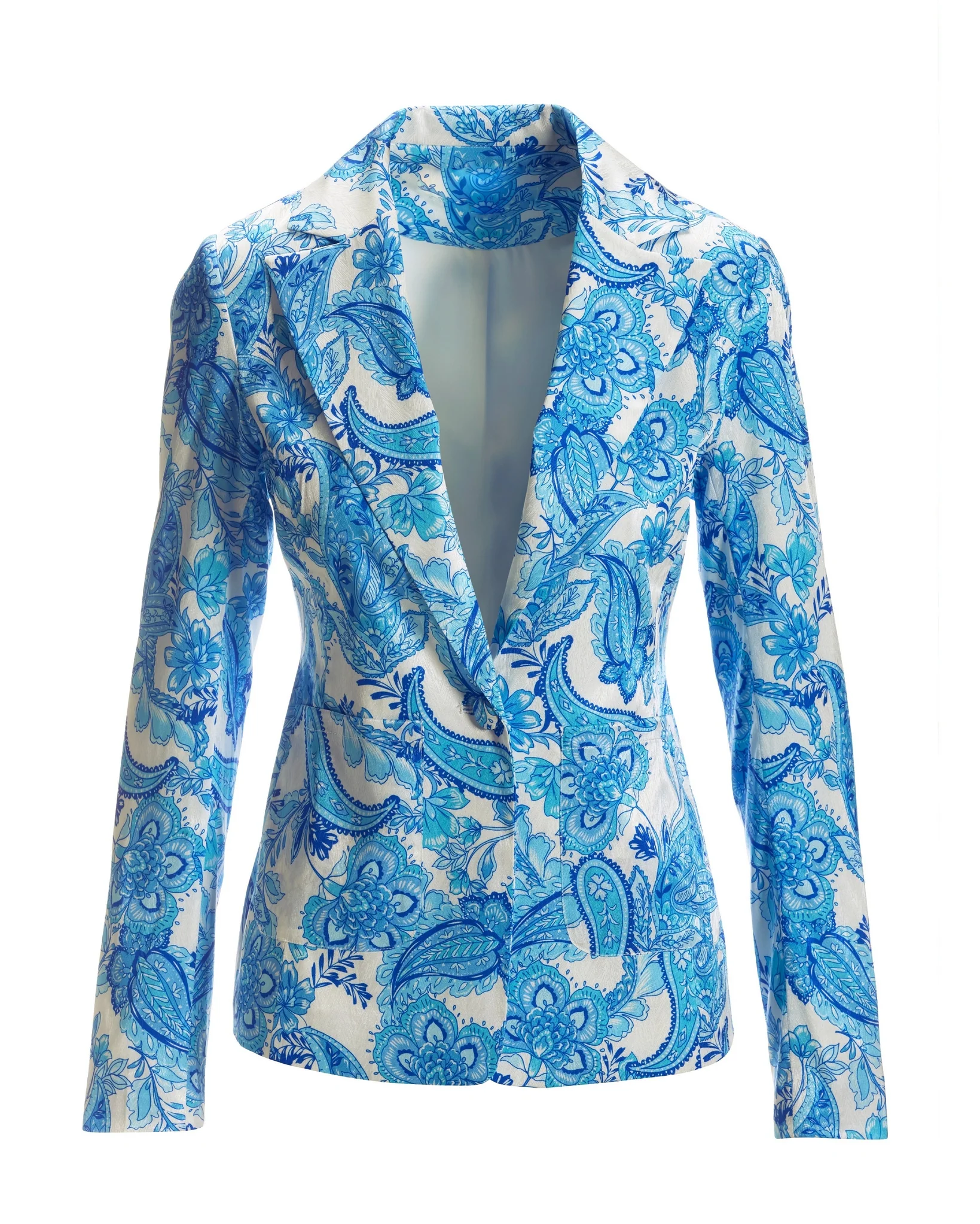 Blue Wave Paisley Print Single-Button Textured Satin Blazer Blue - Mycitystee