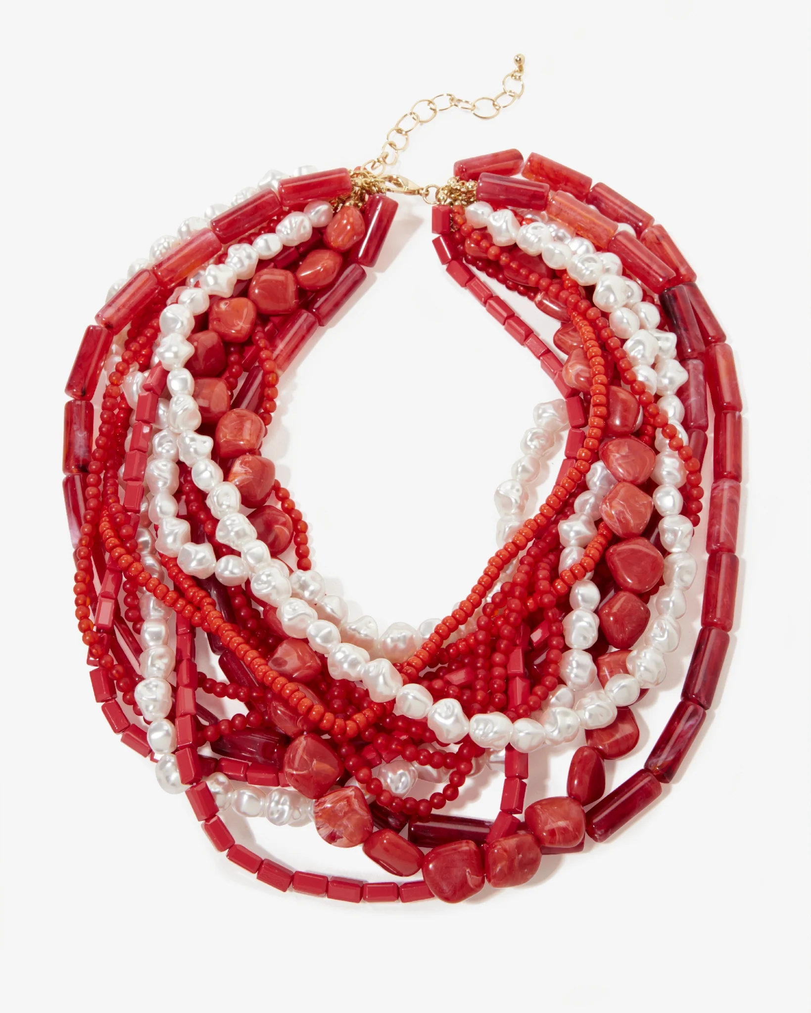 Long Beaded and Pearl Layered Necklace Red Multi - Mycitystee