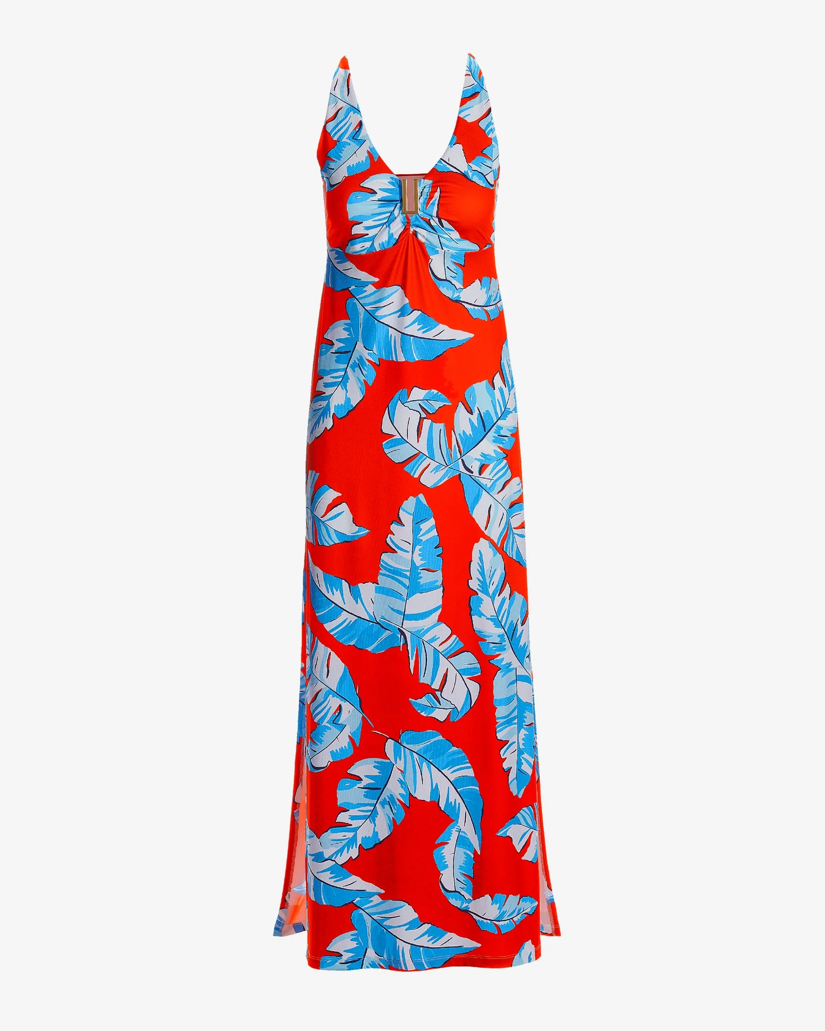 Summer Palms Print Hardware Knit Maxi Dress Red - Mycitystee