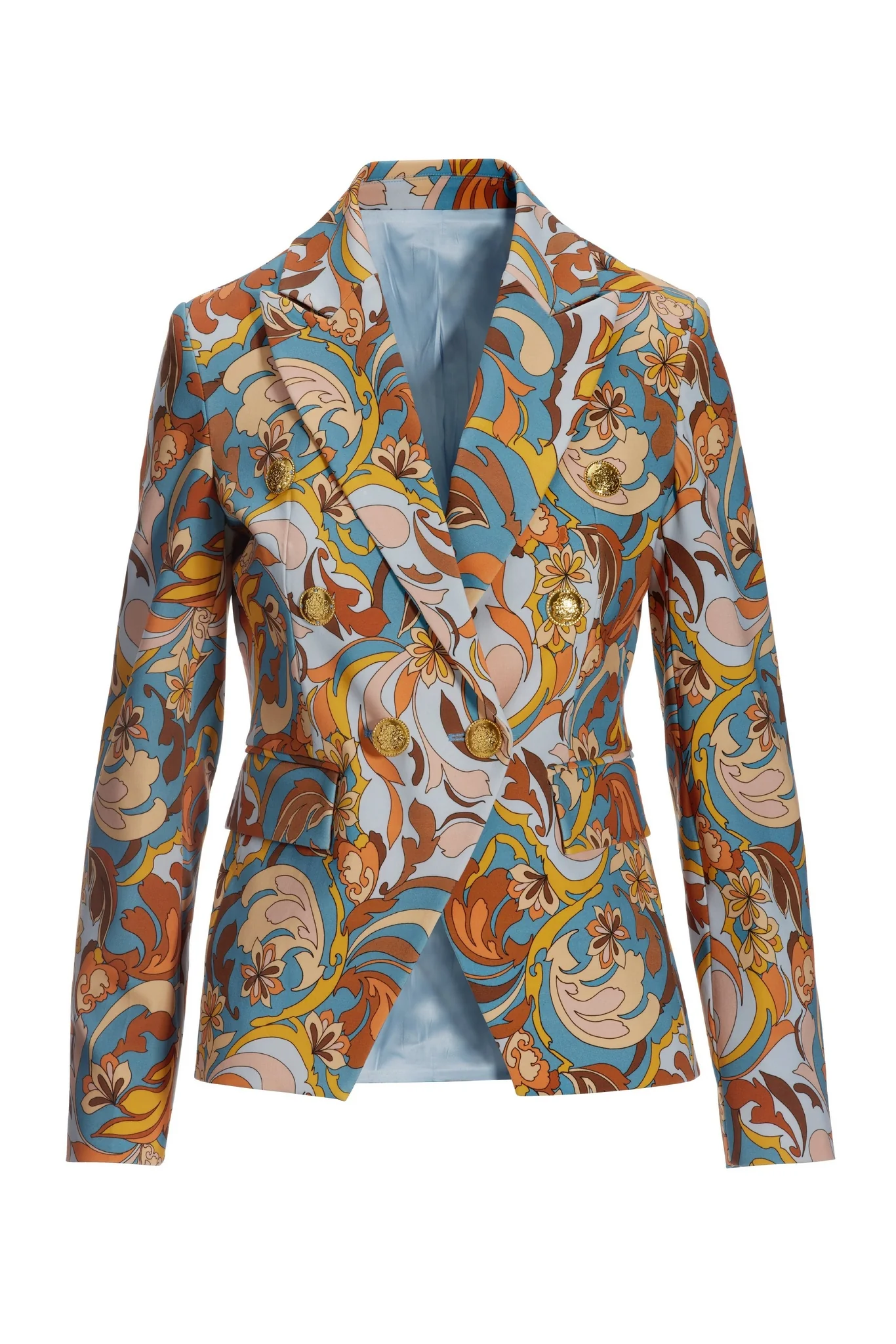 Folk Favorite Print Modern Double Breasted Blazer Blue Multi - Mycitystee