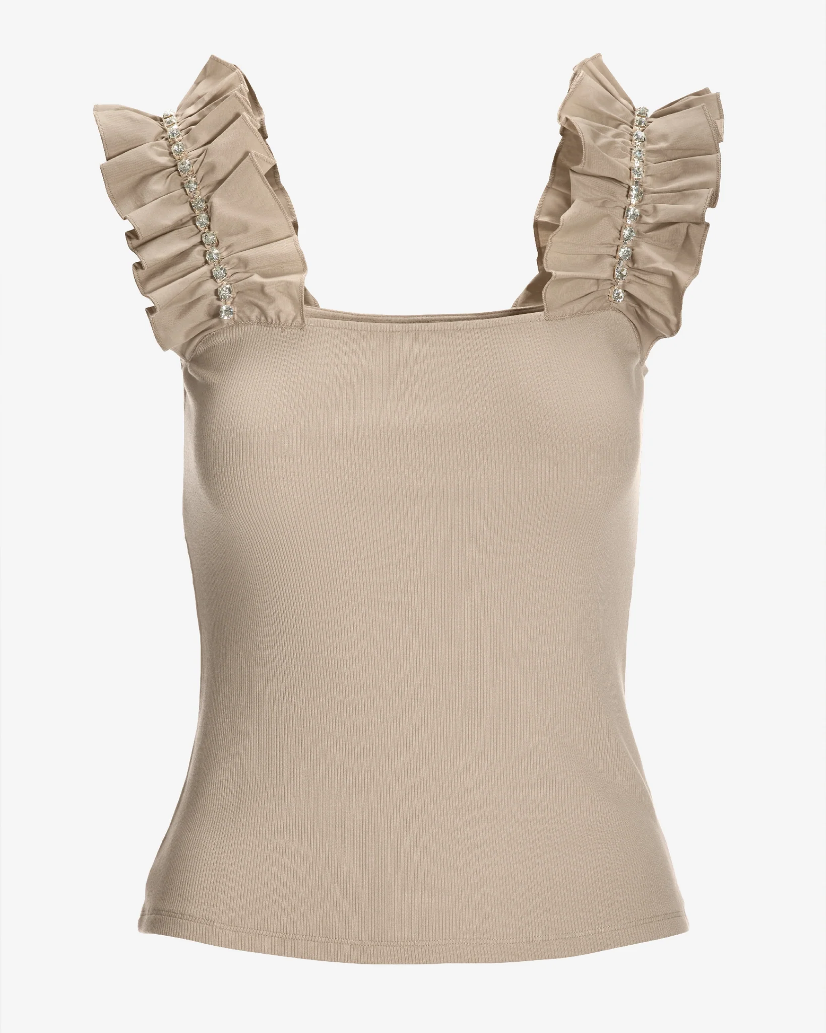 Rhinestone Ruffle Sleeve Tank Top Sand - Mycitystee