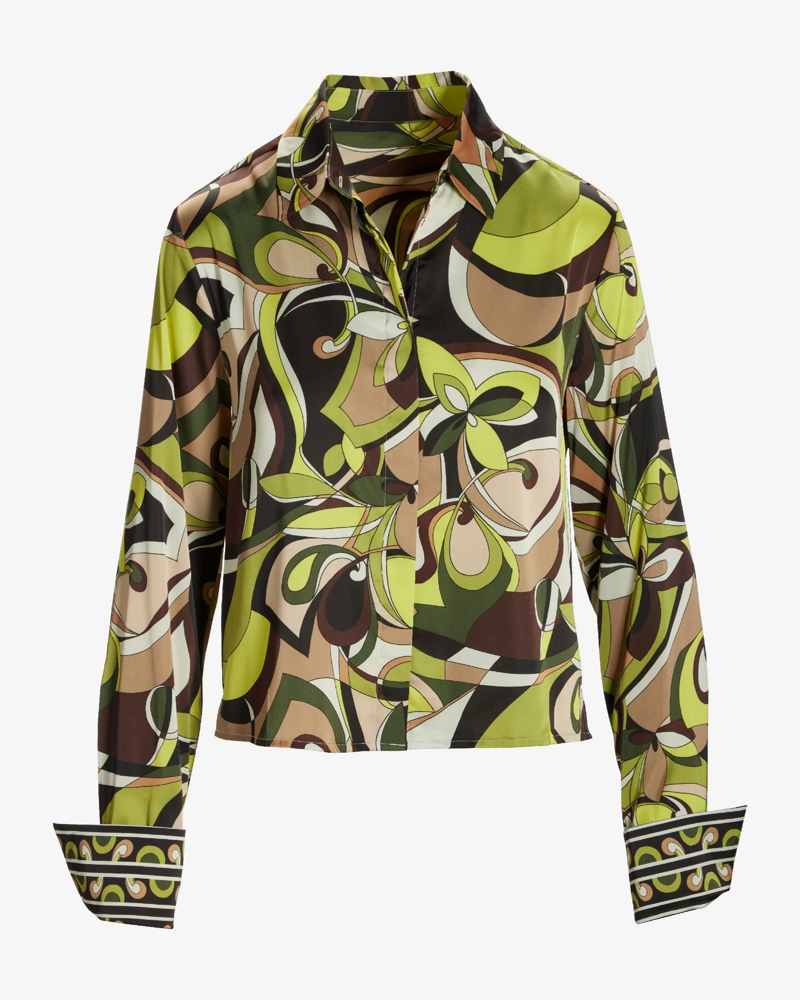 Meet-Me-At-The-Waist Print Charmeuse Button Up Shirt Multi - Mycitystee