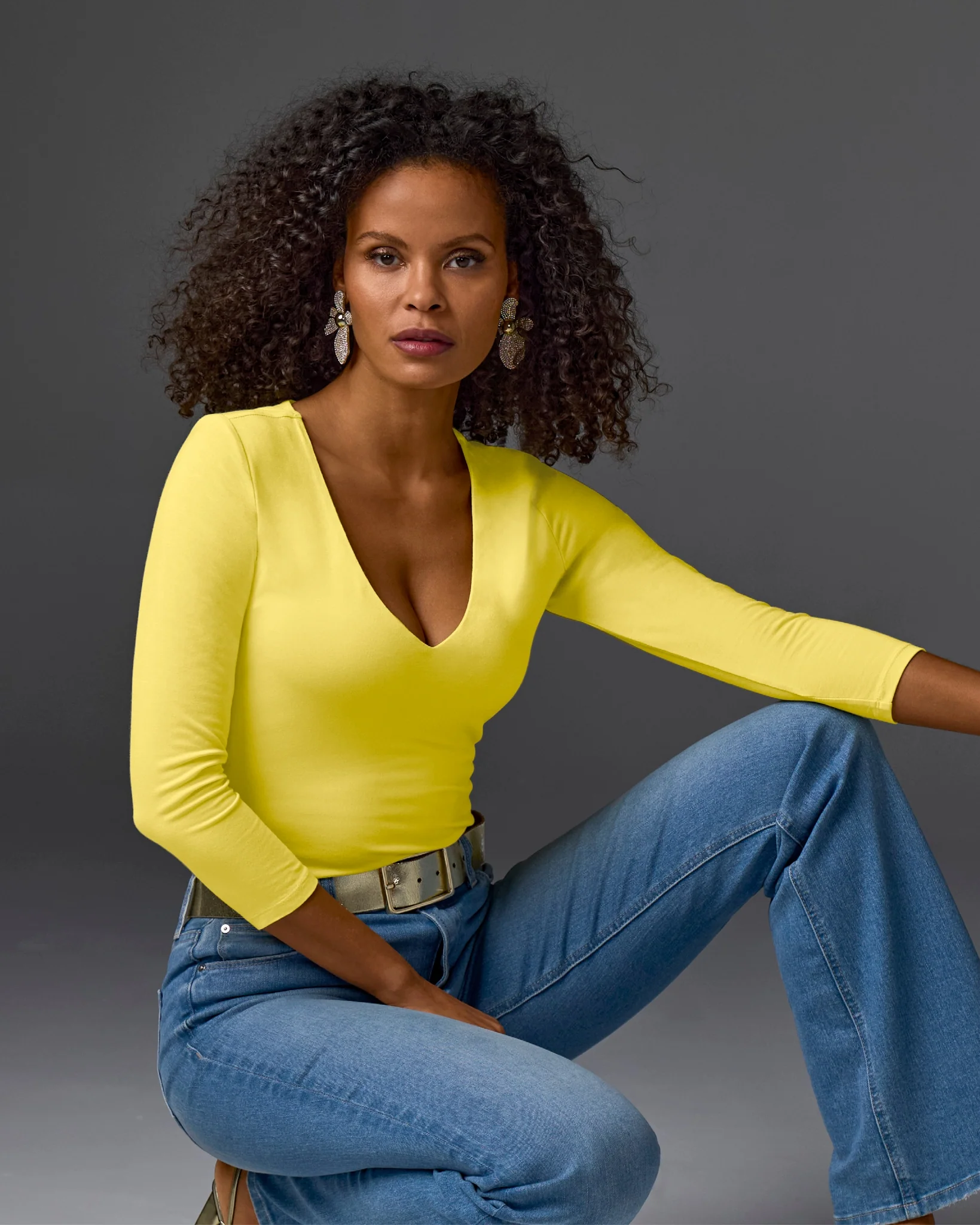 So Effortless Three Quarter Sleeve V Neck Lemon Drop - Mycitystee