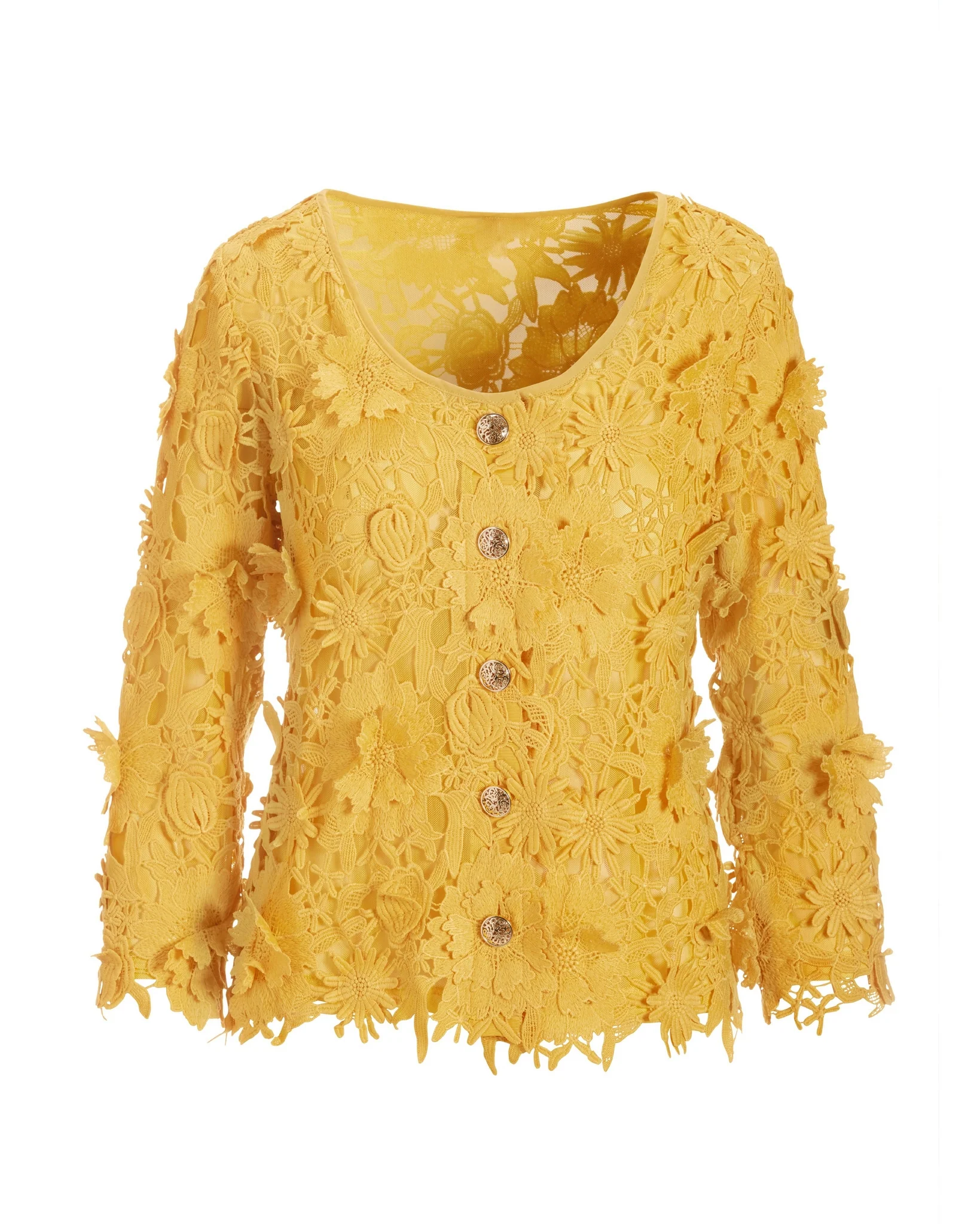 Three-Quarter Sleeve 3D Floral Lace Jacket Lemon Drop - Mycitystee