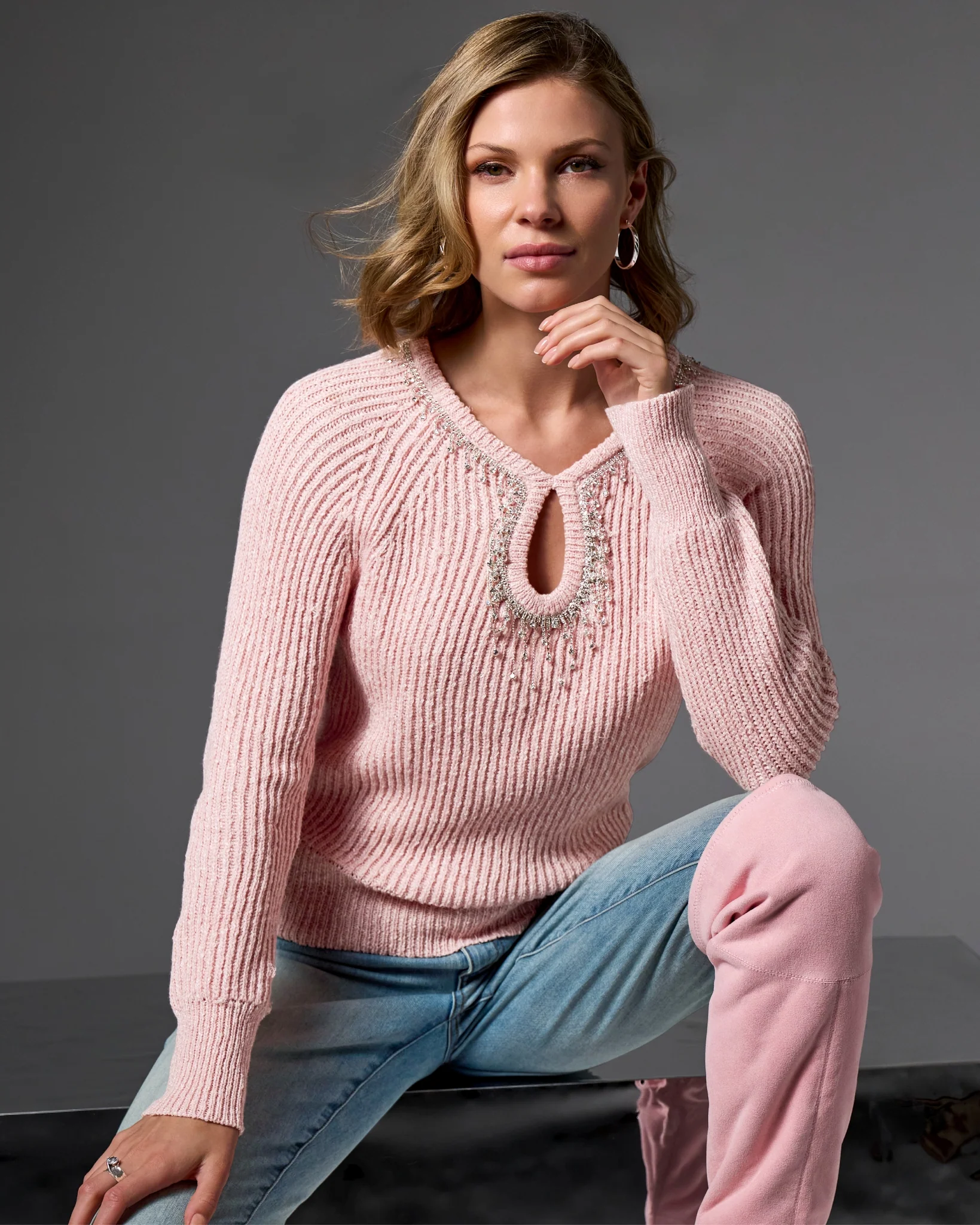 Keyhole Trim Embellished Sweater Bridal Rose - Mycitystee