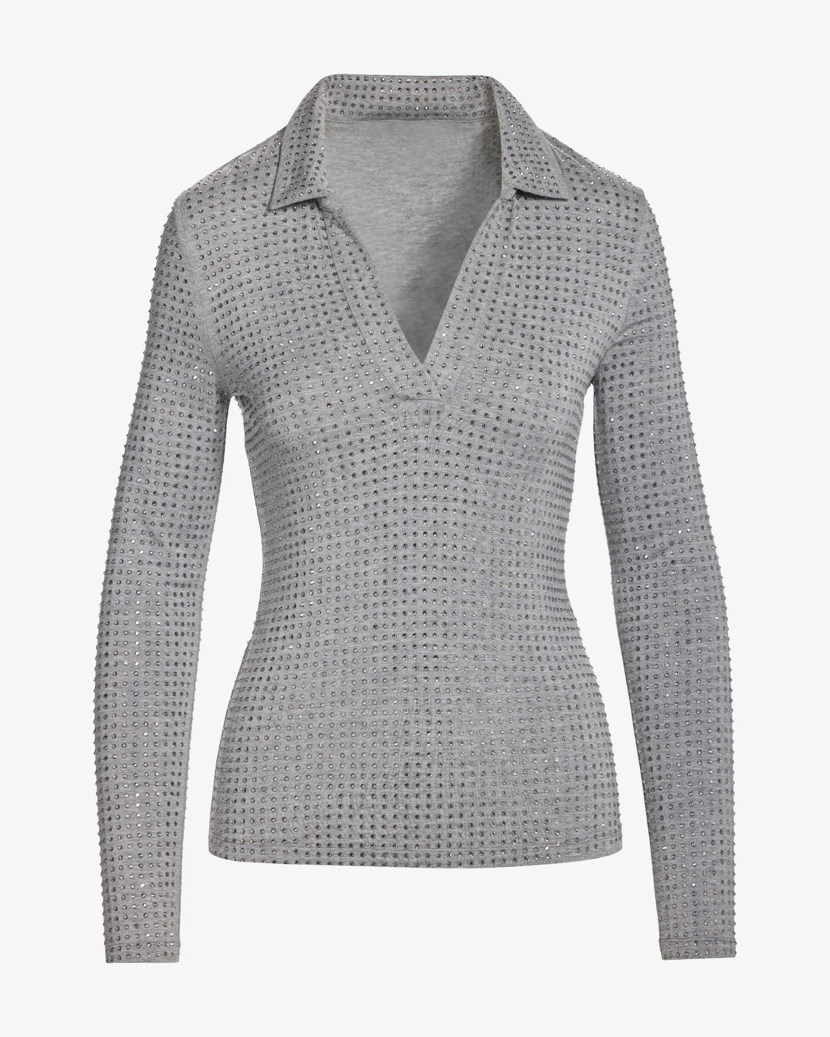 All Over Rhinestone Collared Top Heather Gray - Mycitystee