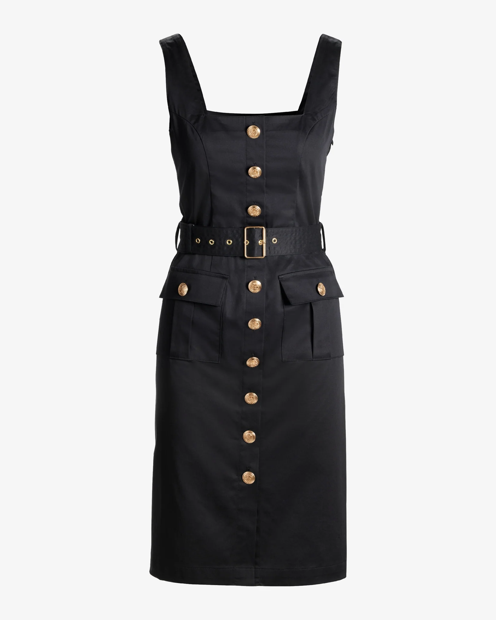 Crest Button Detail Belted Midi Sheath Dress Black - Mycitystee