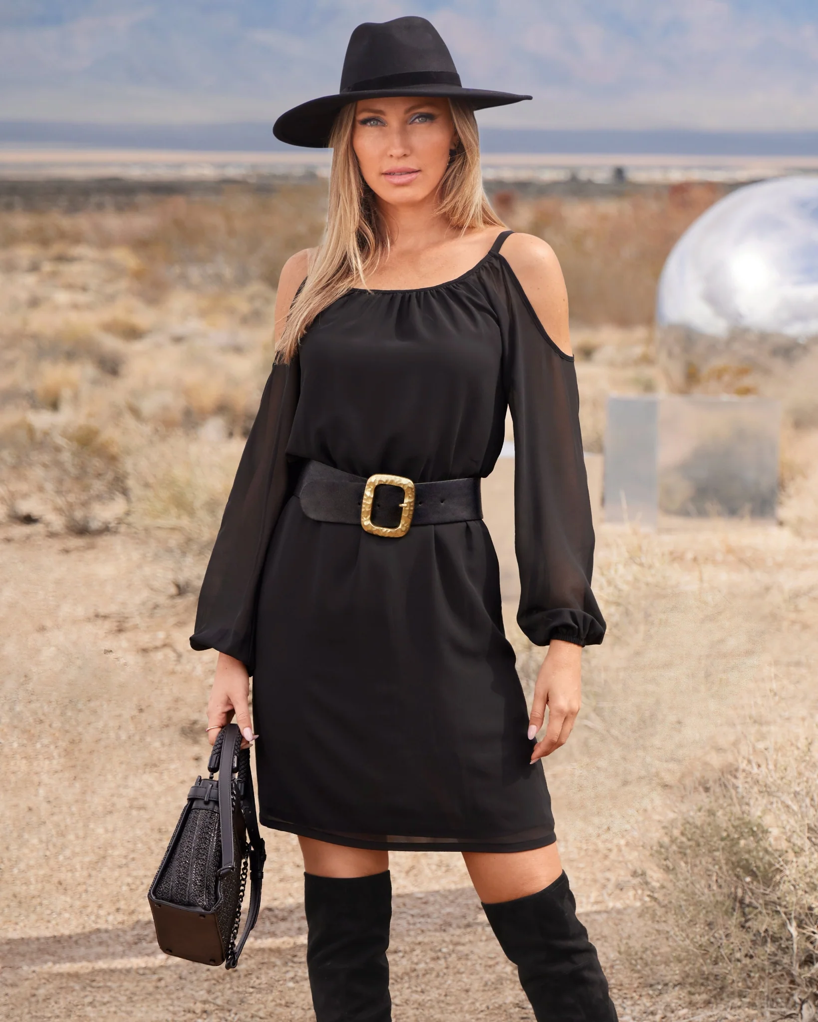 Versatile Scoop Neck Cold Shoulder Blouson Dress Black - Mycitystee