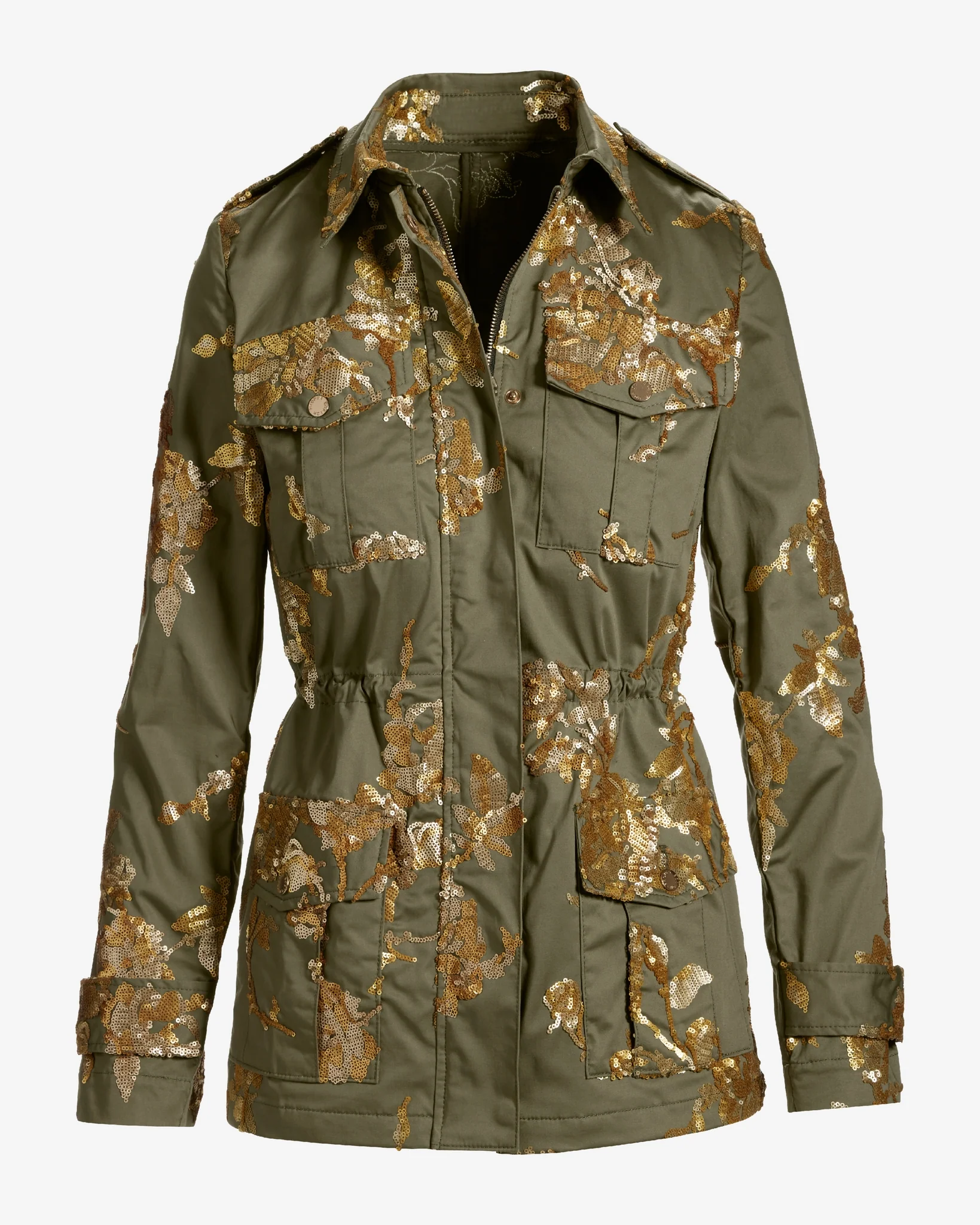 Floral Sequin Embellished Utility Jacket Olive Night - Mycitystee