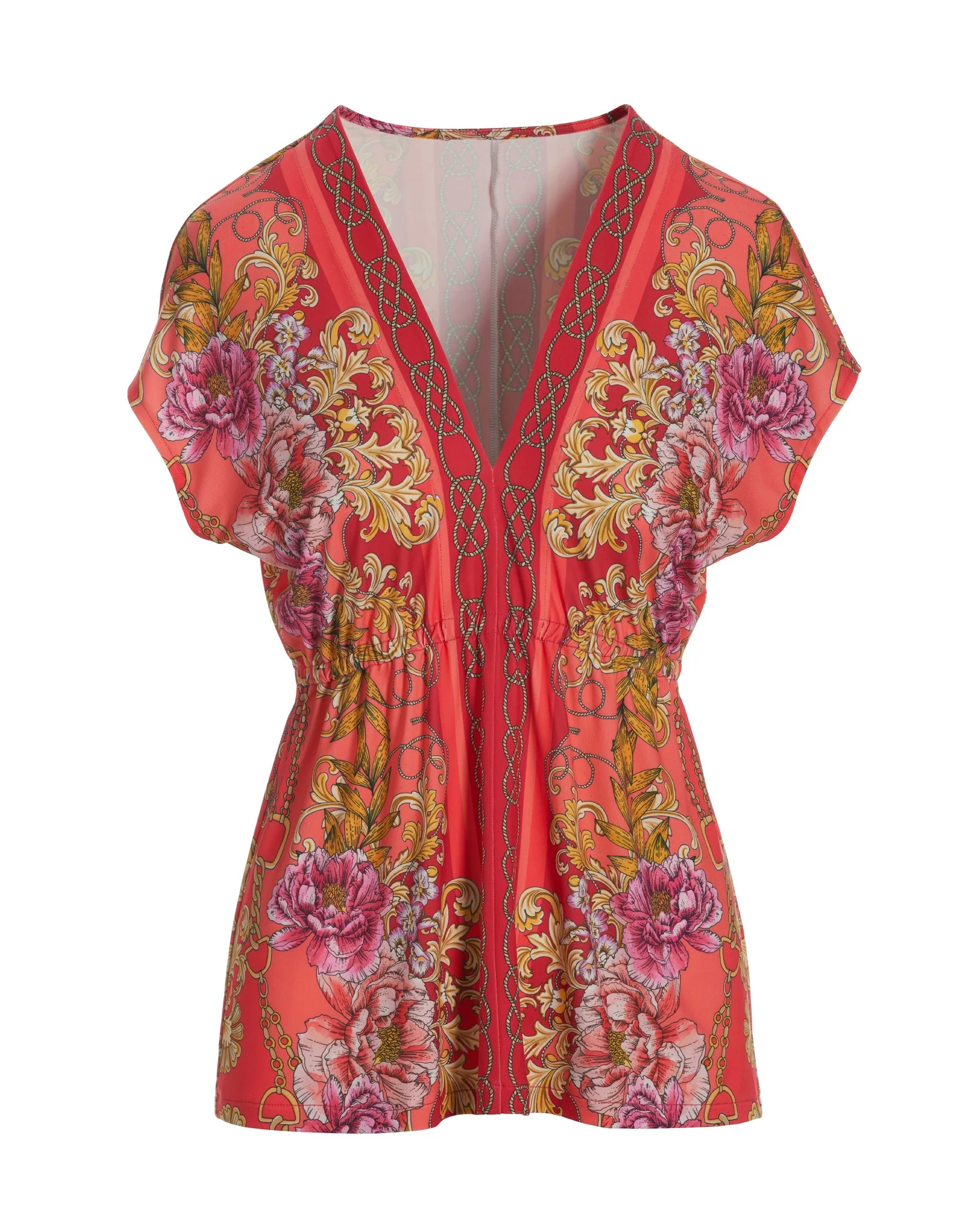 Status Printed Drawstring Knit Top Orange Multi - Mycitystee