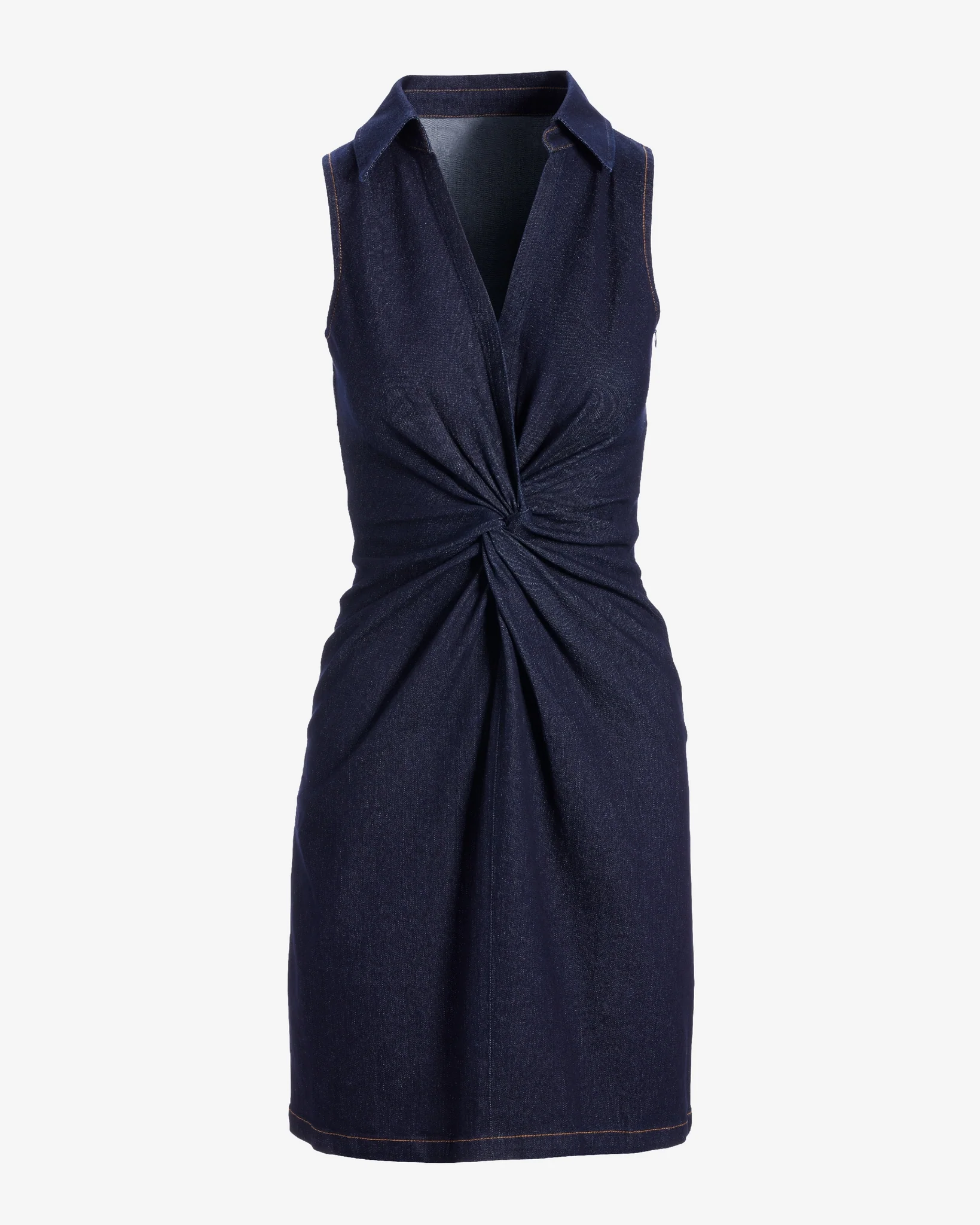 Stretch Denim Knot Waist Collared Shift Dress Rinse - Mycitystee