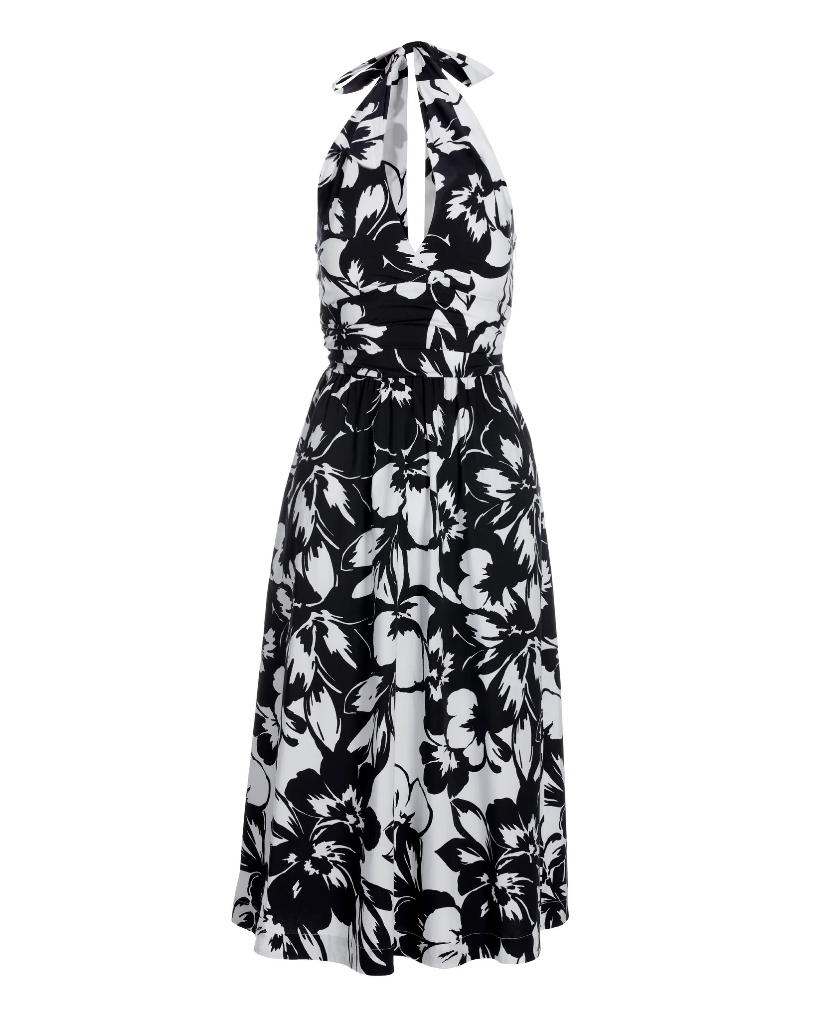 Exploded Florals Print Halter Fit-And-Flare Midi Dress Black/White - Mycitystee