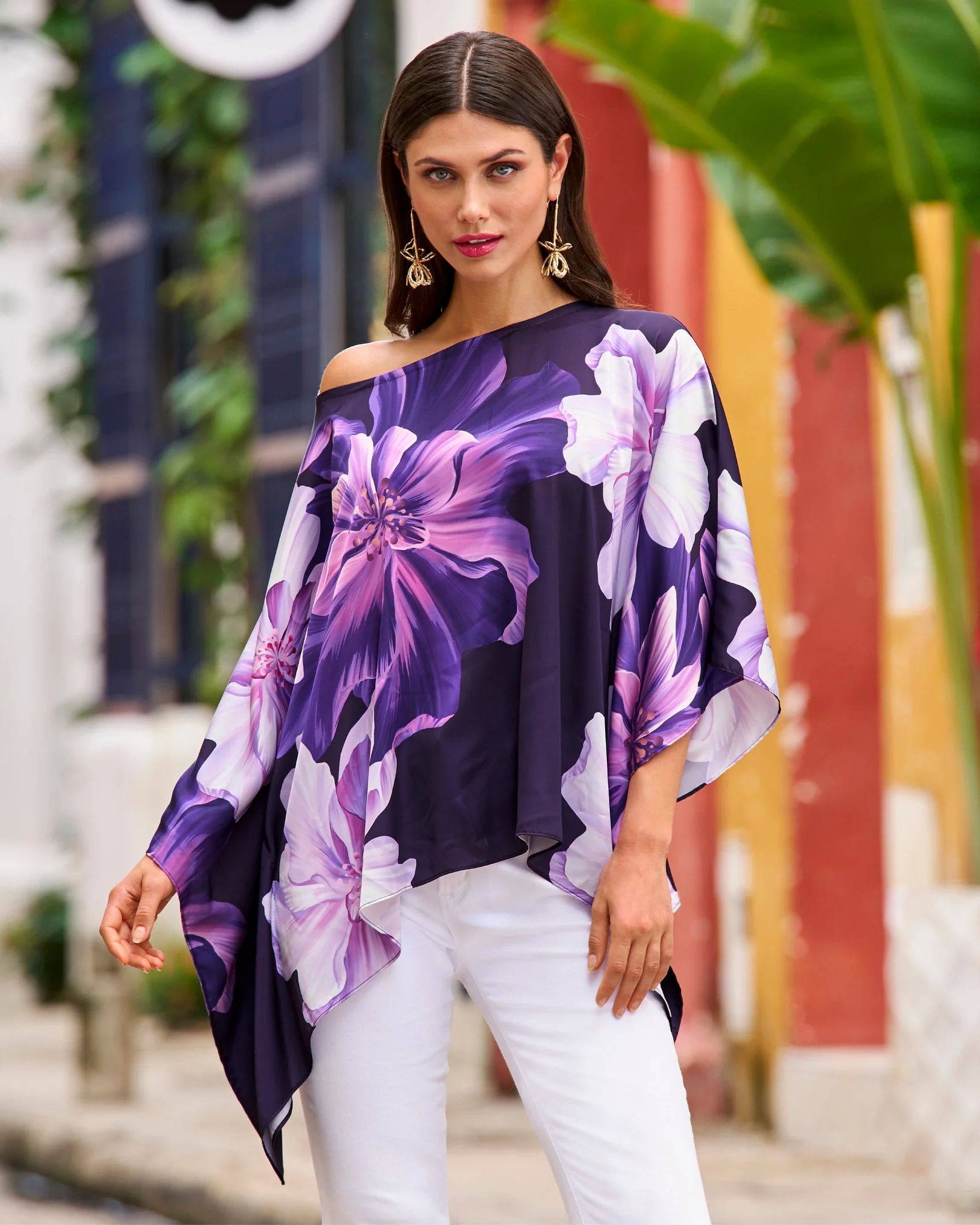 Exploded Dahlia Print Roxy Effortless Charmeuse Blouse Purple - Mycitystee