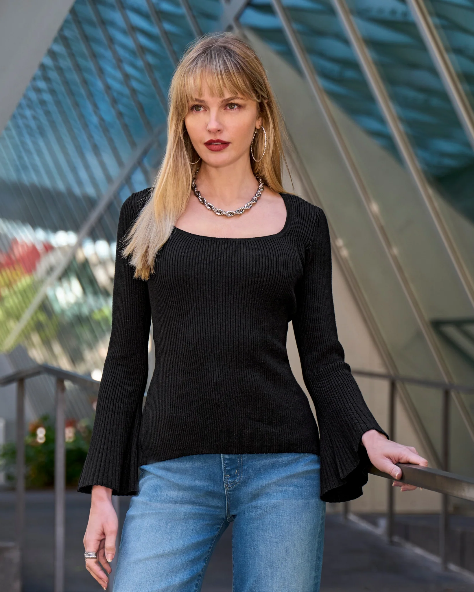 Ribbed Square Neck Flare Sleeve Black - Mycitystee