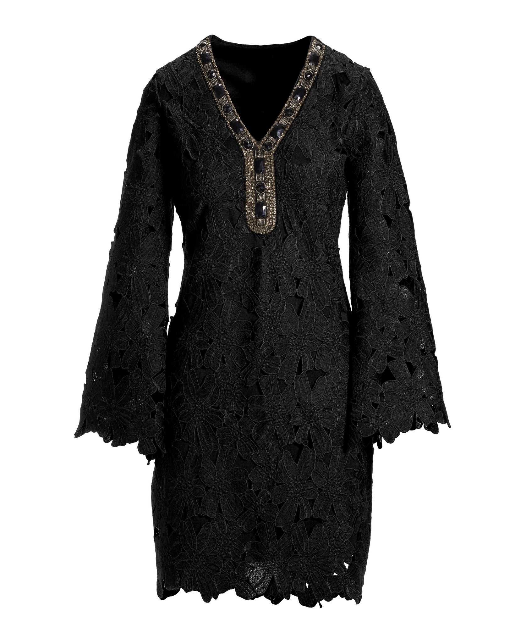 Flare Sleeve Lace Embellished Tunic Dress Black - Mycitystee