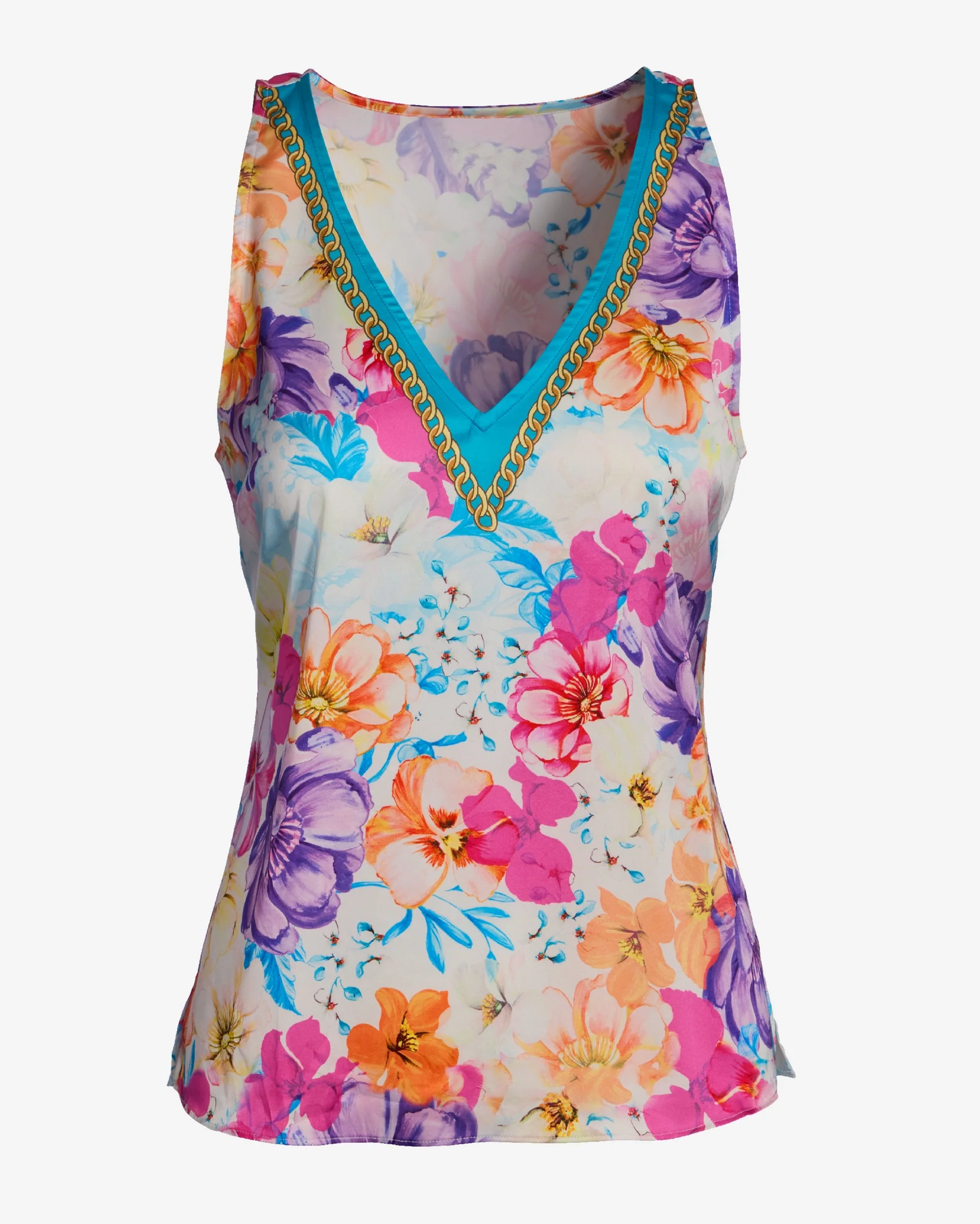 Print Chain Detail V Neck Charmeuse Blouse Iris Garden Placement - Mycitystee