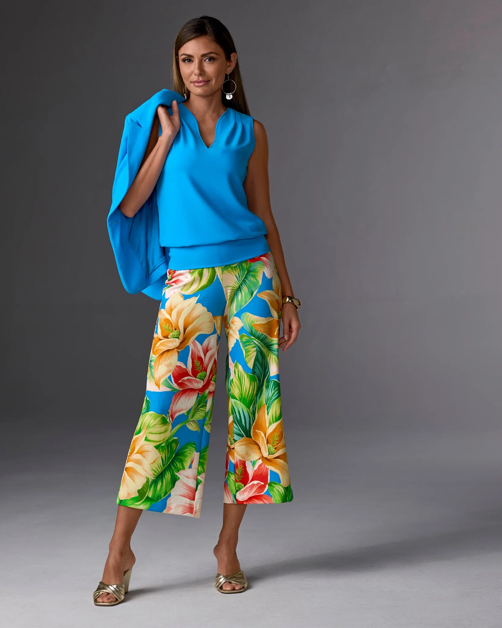 Beyond Travel Wide Leg Crop Print Pant Blue Multi - Mycitystee